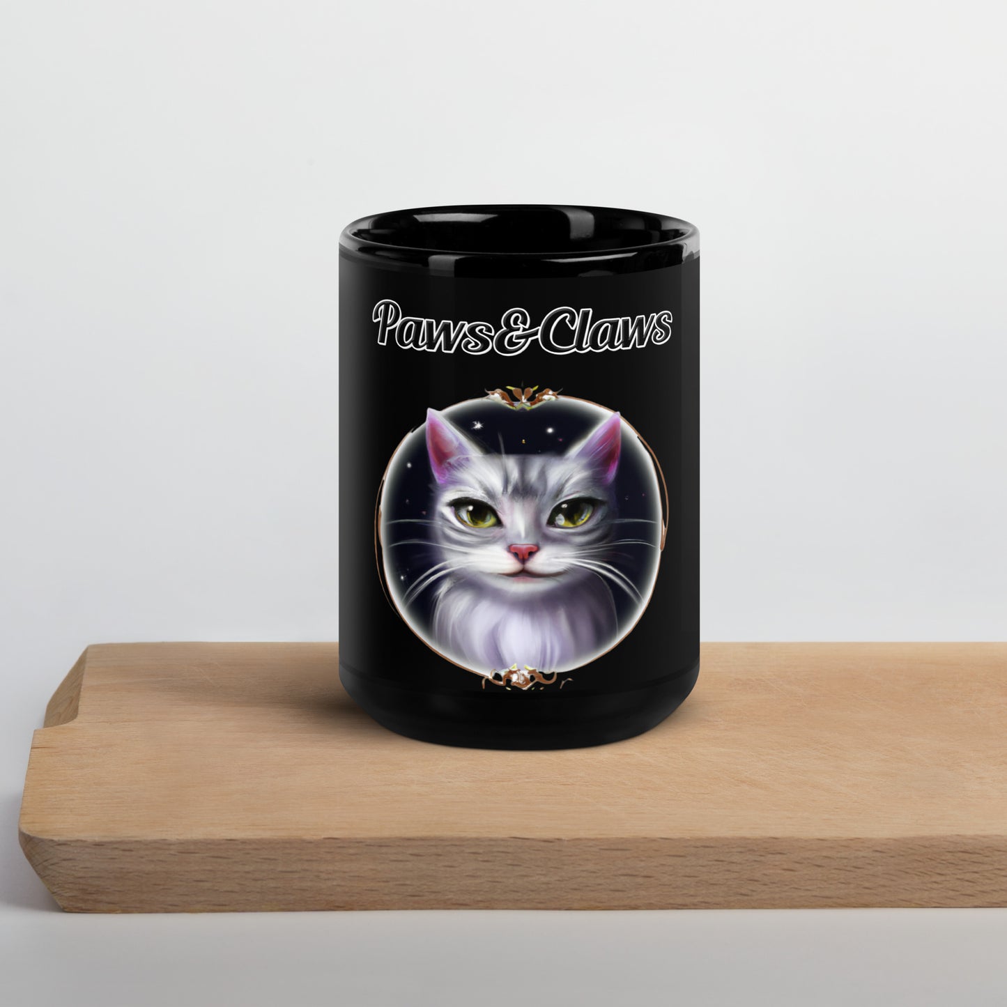 Black Glossy Mug with text Wispy Whiskers Cat In a Circle with a text "Paws&Claws" at $17.99 found at Personalizedpetlovergifts