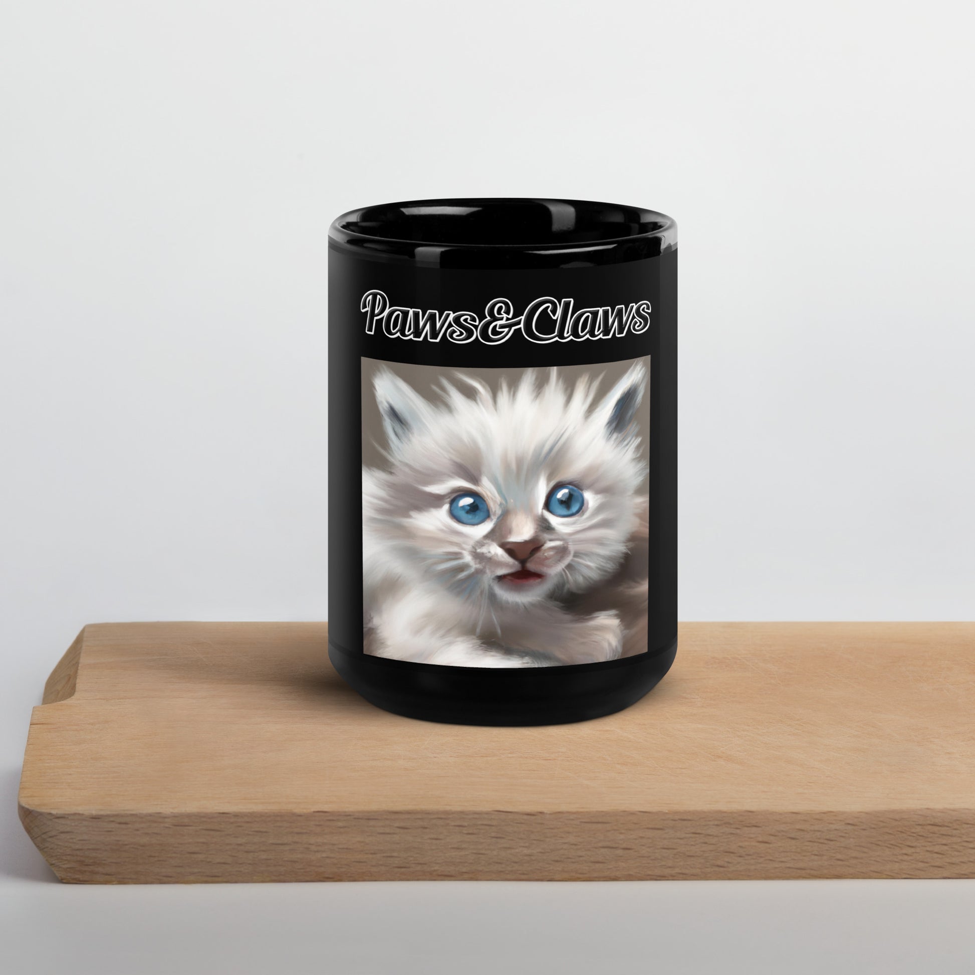 Black Glossy Mug with text Wispy Kitten Painting with a text "Paws&Claws" at $17.99 found at Personalizedpetlovergifts