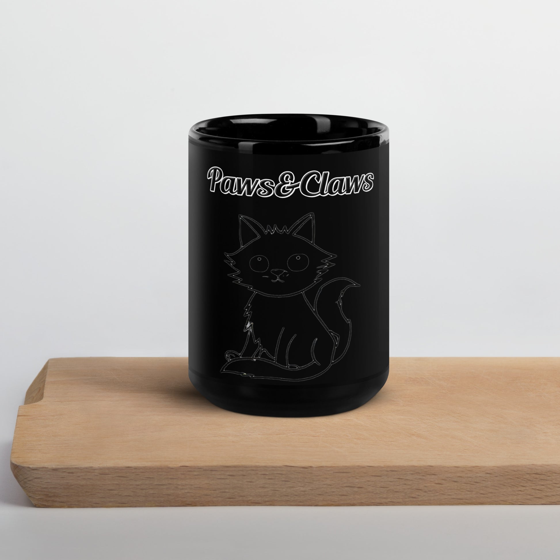 Black Glossy Mug with text Wispy Kitten Line Art with a text "Paws&Claws" at $17.99 found at Personalizedpetlovergifts