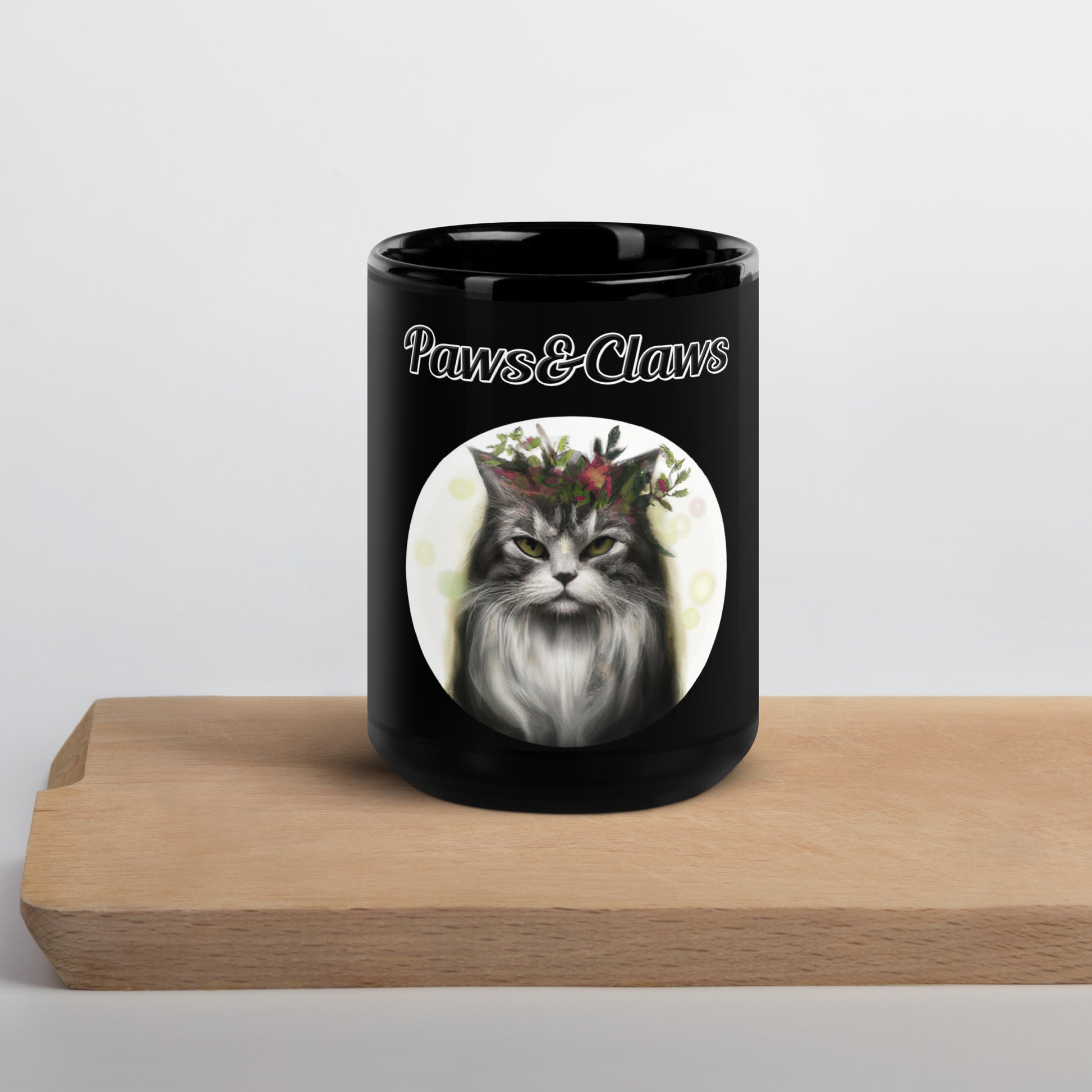 Black Glossy Mug with text Wispy Haired Cat With Flowers with a text "Paws&Claws" at $17.99 found at Personalizedpetlovergifts