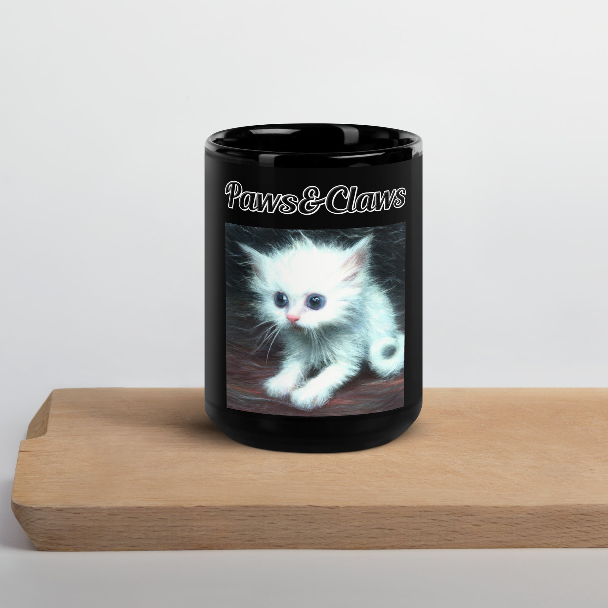 Black Glossy Mug with text Wispy Furred Kitten with a text "Paws&Claws" at $17.99 found at Personalizedpetlovergifts