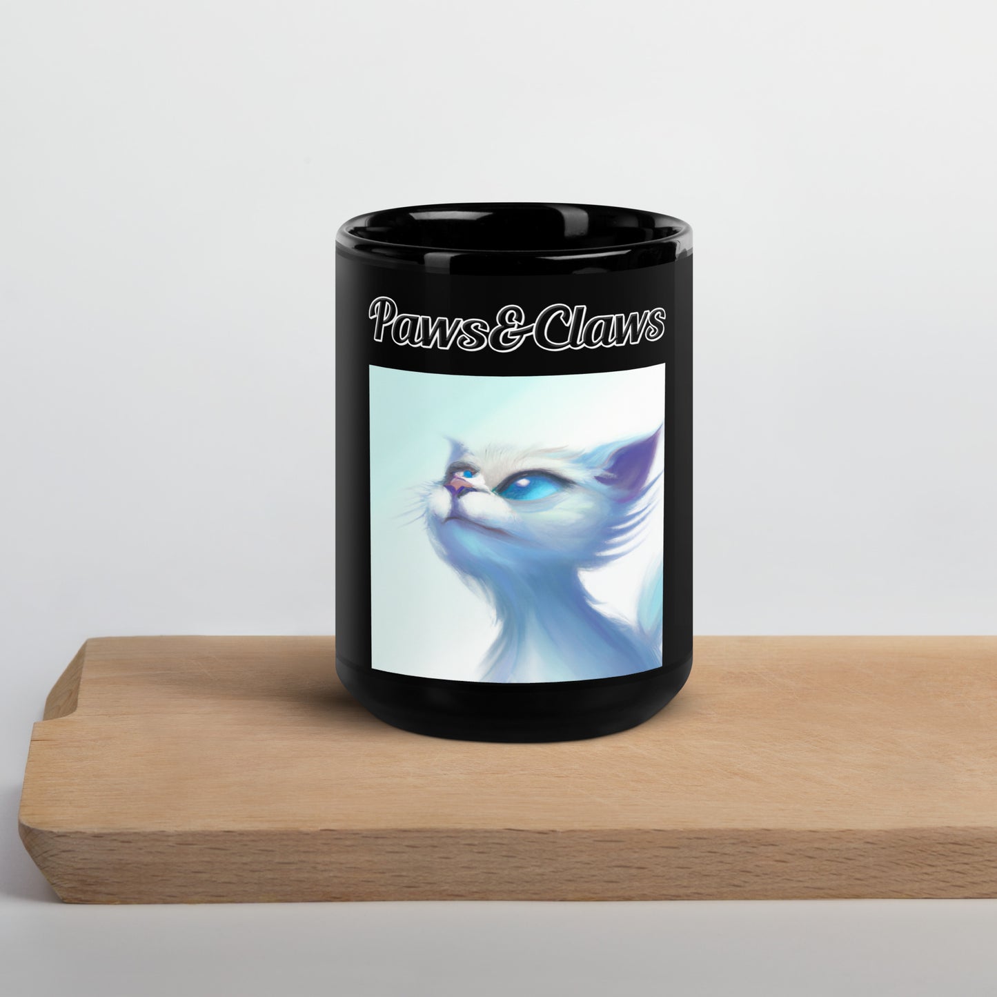 Black Glossy Mug with text White Wind Swept Kitten With Blue Eyes with a text "Paws&Claws" at $17.99 found at Personalizedpetlovergifts