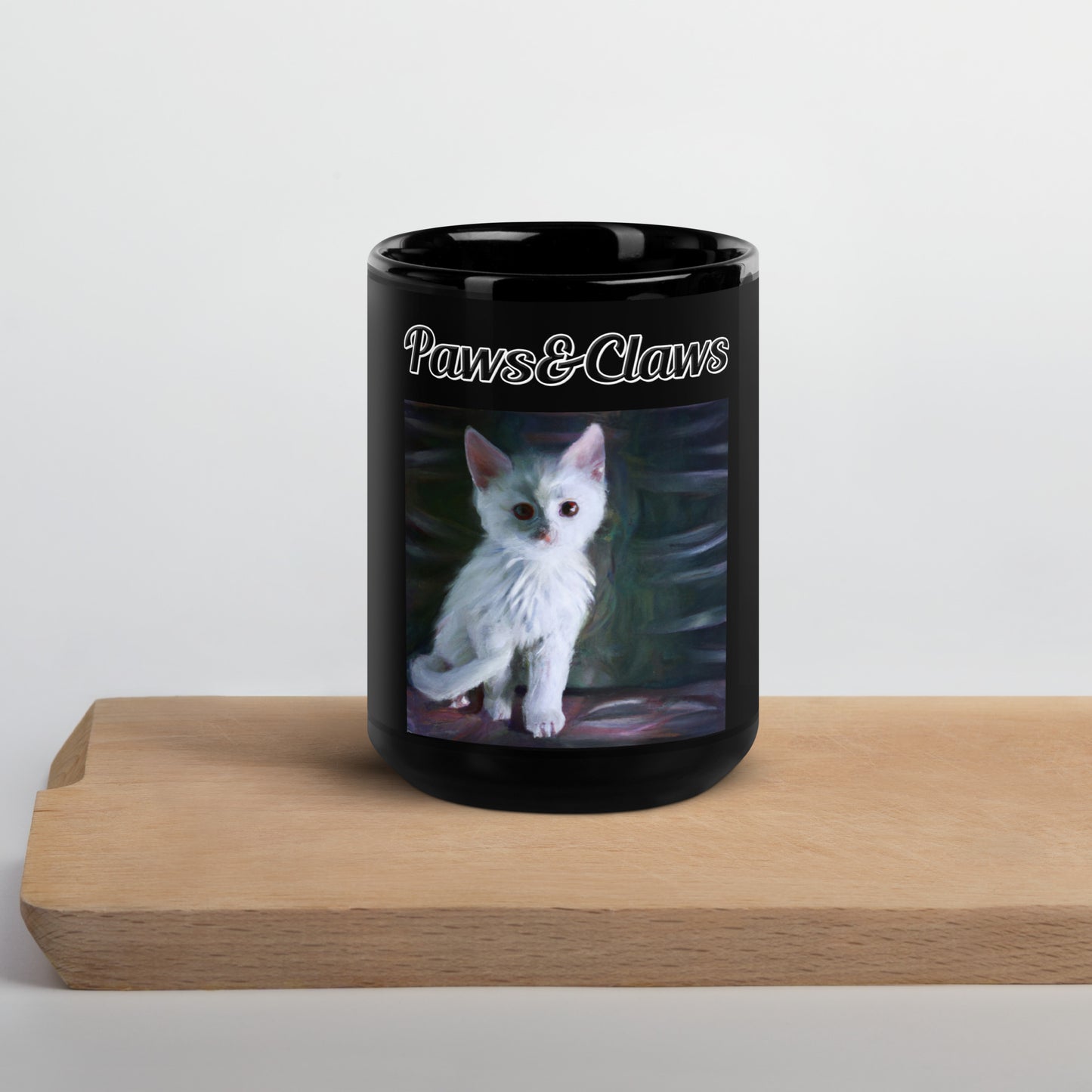 Black Glossy Mug with text White White Cat with a text "Paws&Claws" at $17.99 found at Personalizedpetlovergifts