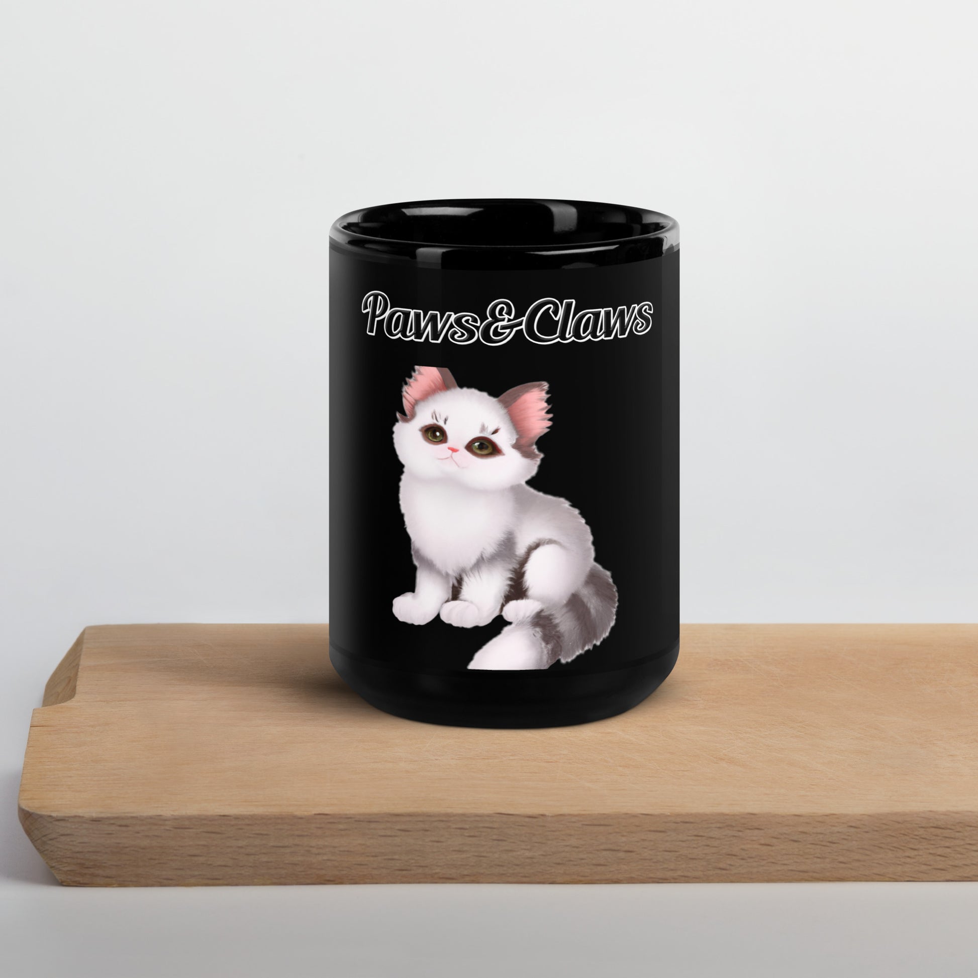 Black Glossy Mug with text White Stripy Kitten with a text "Paws&Claws" at $17.99 found at Personalizedpetlovergifts