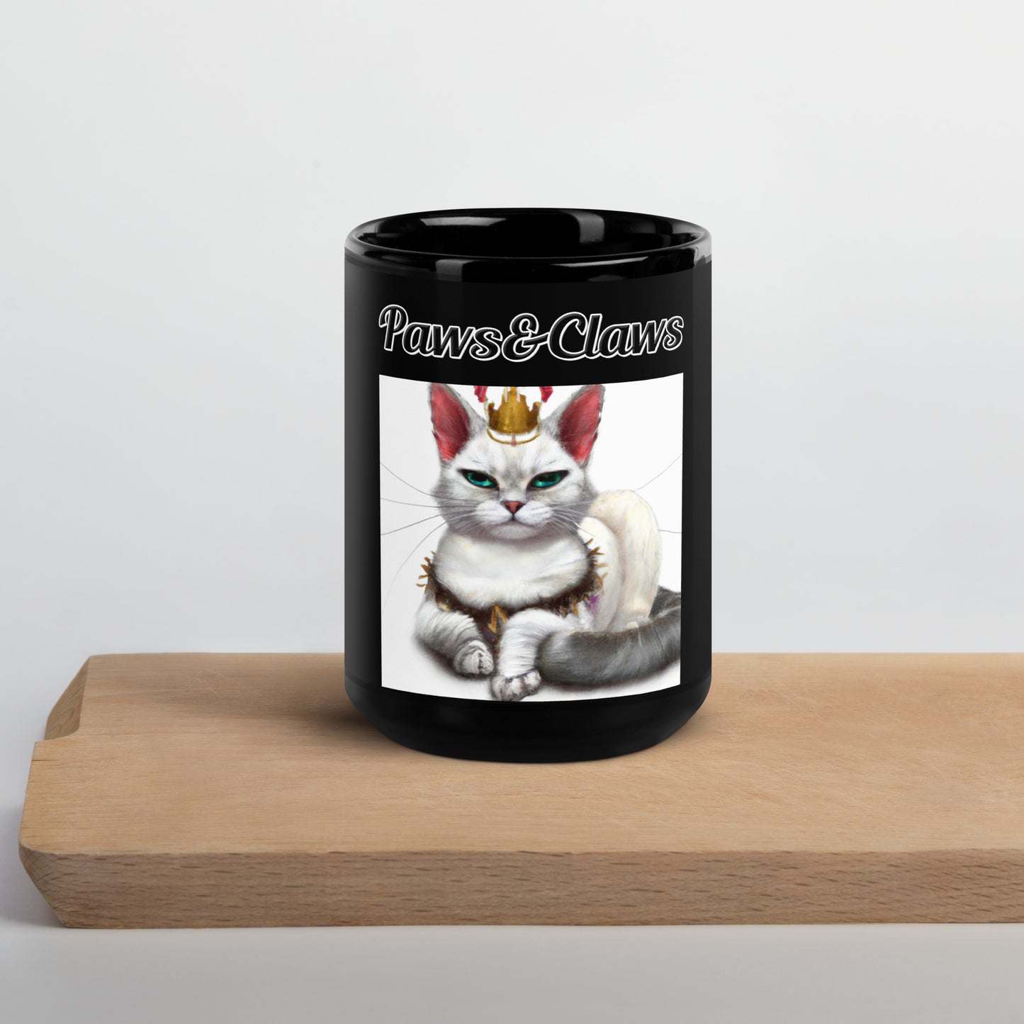 Black Glossy Mug with text White Queen Cat with a text "Paws&Claws" at $17.99 found at Personalizedpetlovergifts