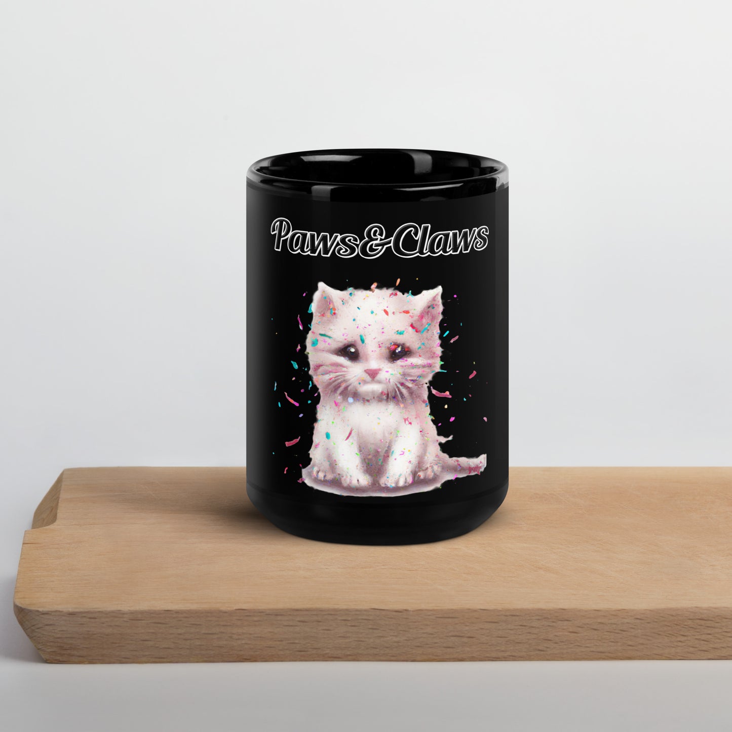 Black Glossy Mug with text White Kitten With Confetti with a text "Paws&Claws" at $17.99 found at Personalizedpetlovergifts