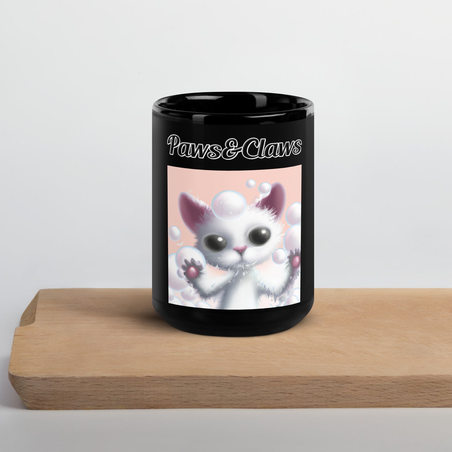 Black Glossy Mug with text White Kitten Playing With Bubbles with a text "Paws&Claws" at $17.99 found at Personalizedpetlovergifts