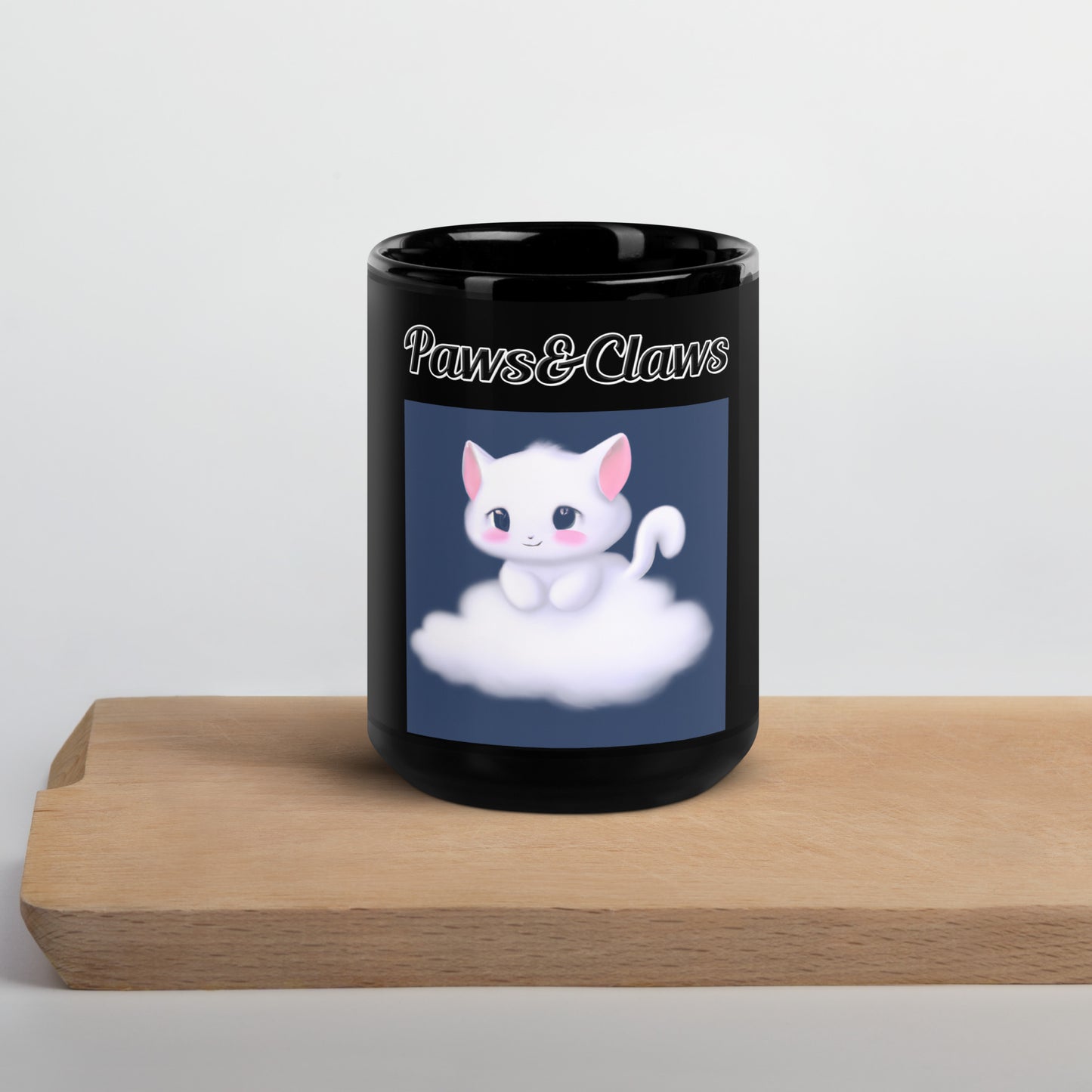 Black Glossy Mug with text White Kitten On a Cloud with a text "Paws&Claws" at $17.99 found at Personalizedpetlovergifts