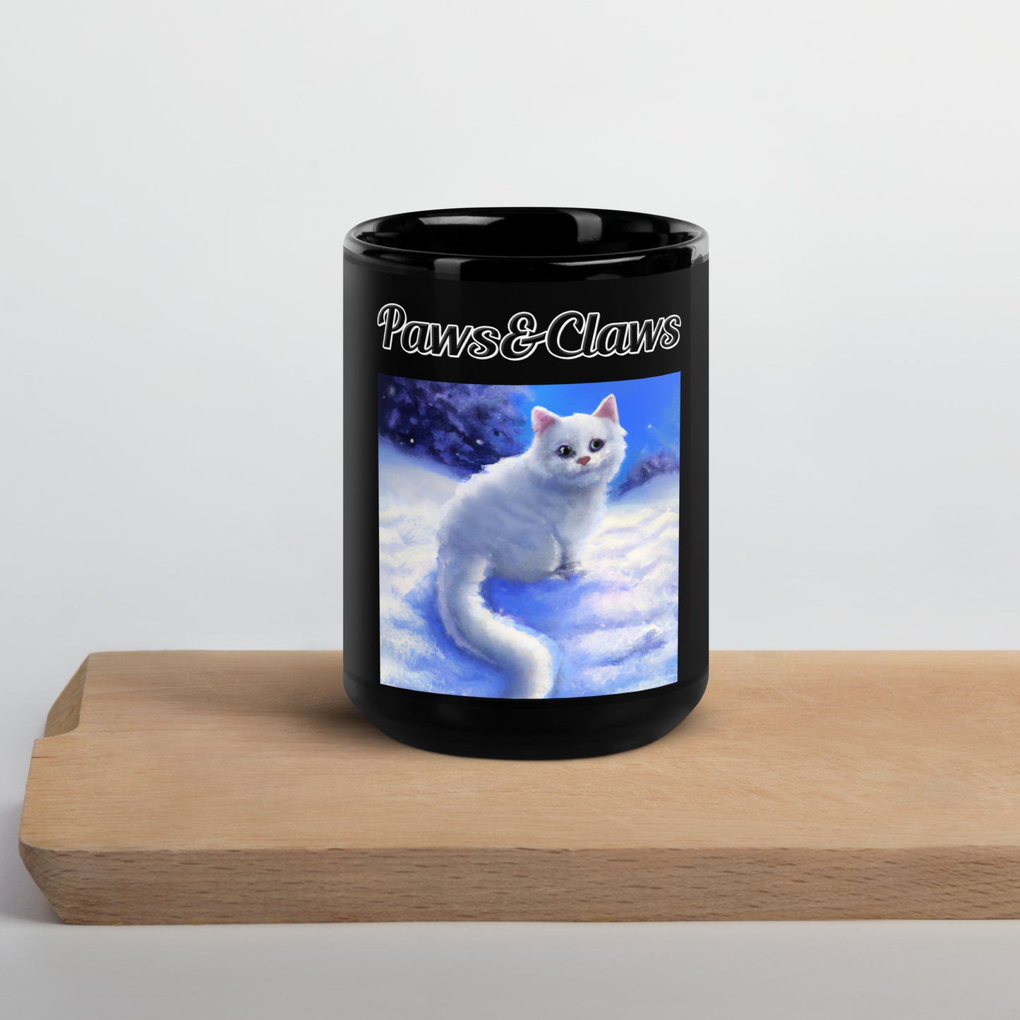 Black Glossy Mug with text White Kitten In Winter with a text "Paws&Claws" at $17.99 found at Personalizedpetlovergifts