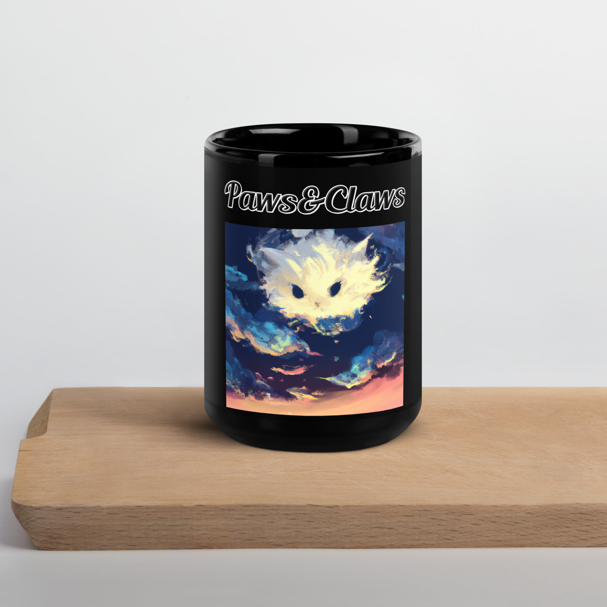 Black Glossy Mug with text White Kitten Cloud Painting with a text "Paws&Claws" at $17.99 found at Personalizedpetlovergifts