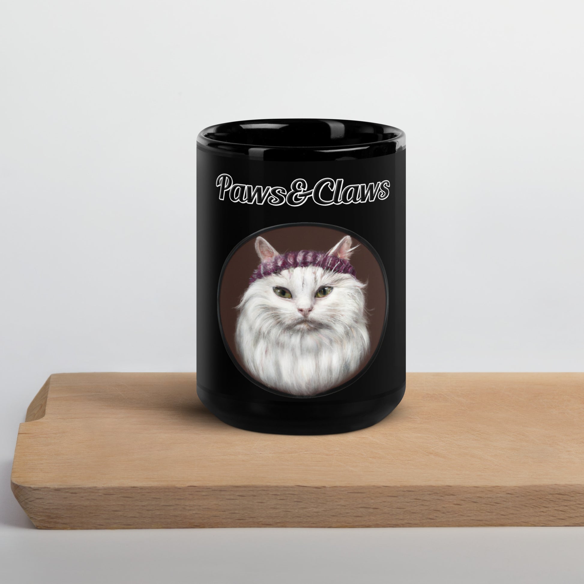 Black Glossy Mug with text White Fluffy Kitten With a Knit Headband with a text "Paws&Claws" at $17.99 found at Personalizedpetlovergifts