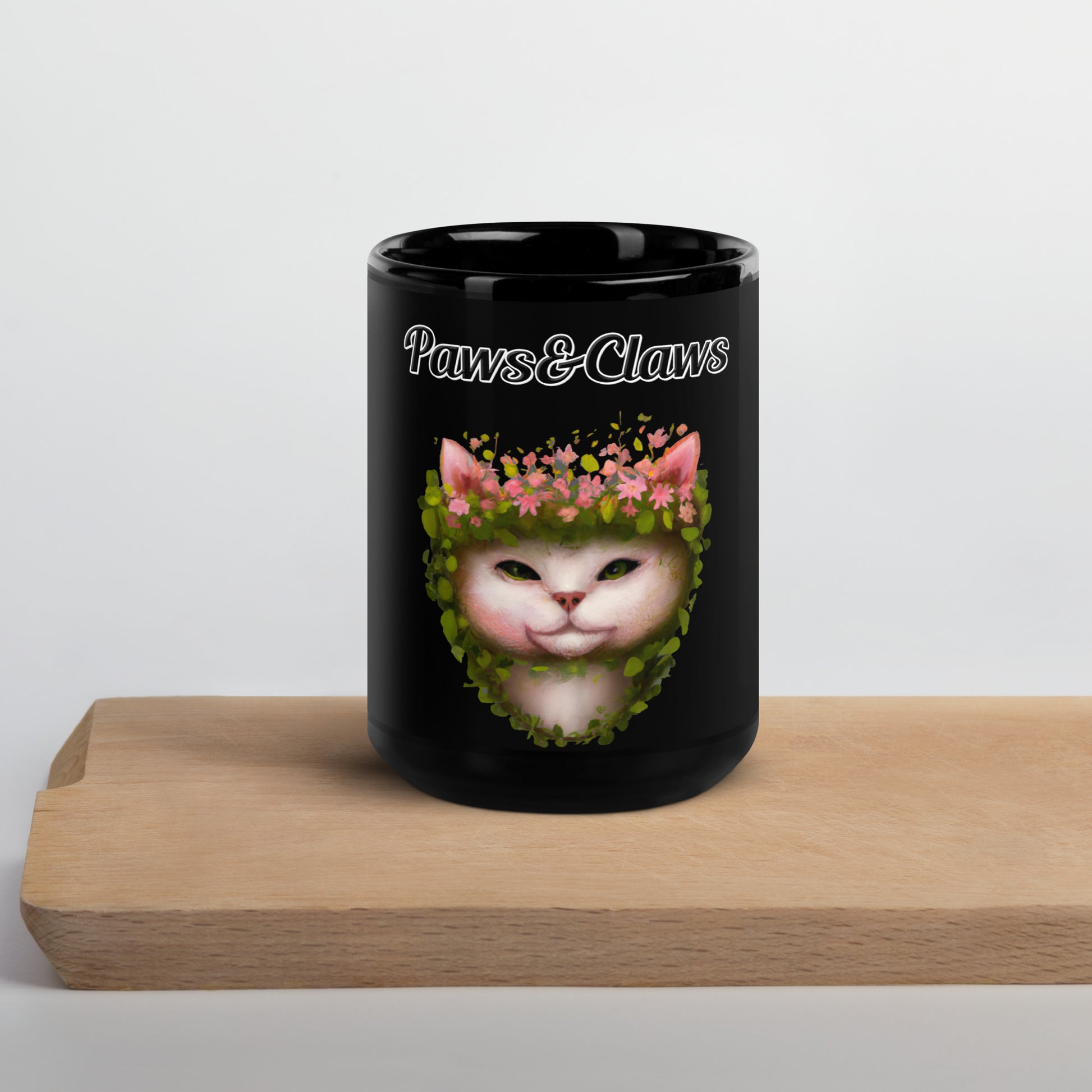 Black Glossy Mug with text White Cat With Flowers with a text "Paws&Claws" at $17.99 found at Personalizedpetlovergifts