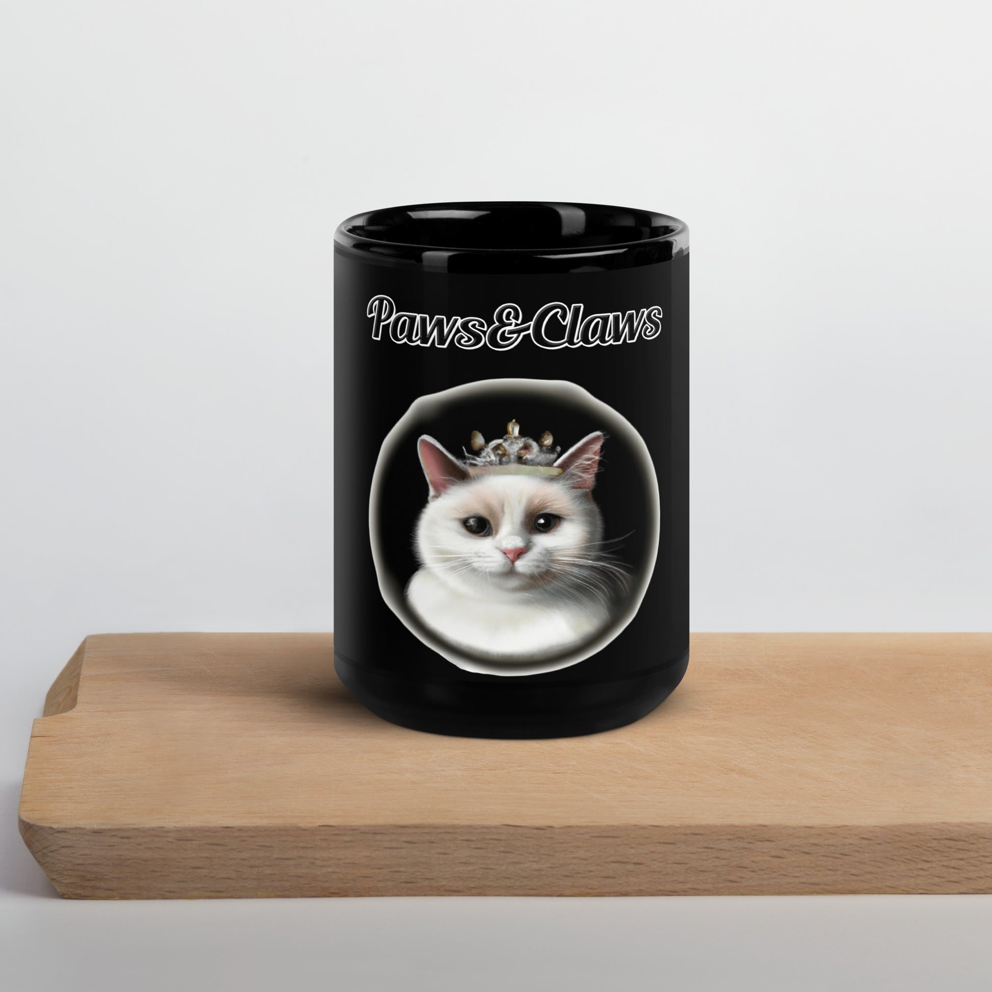 Black Glossy Mug with text White Cat With a Tiara with a text "Paws&Claws" at $17.99 found at Personalizedpetlovergifts