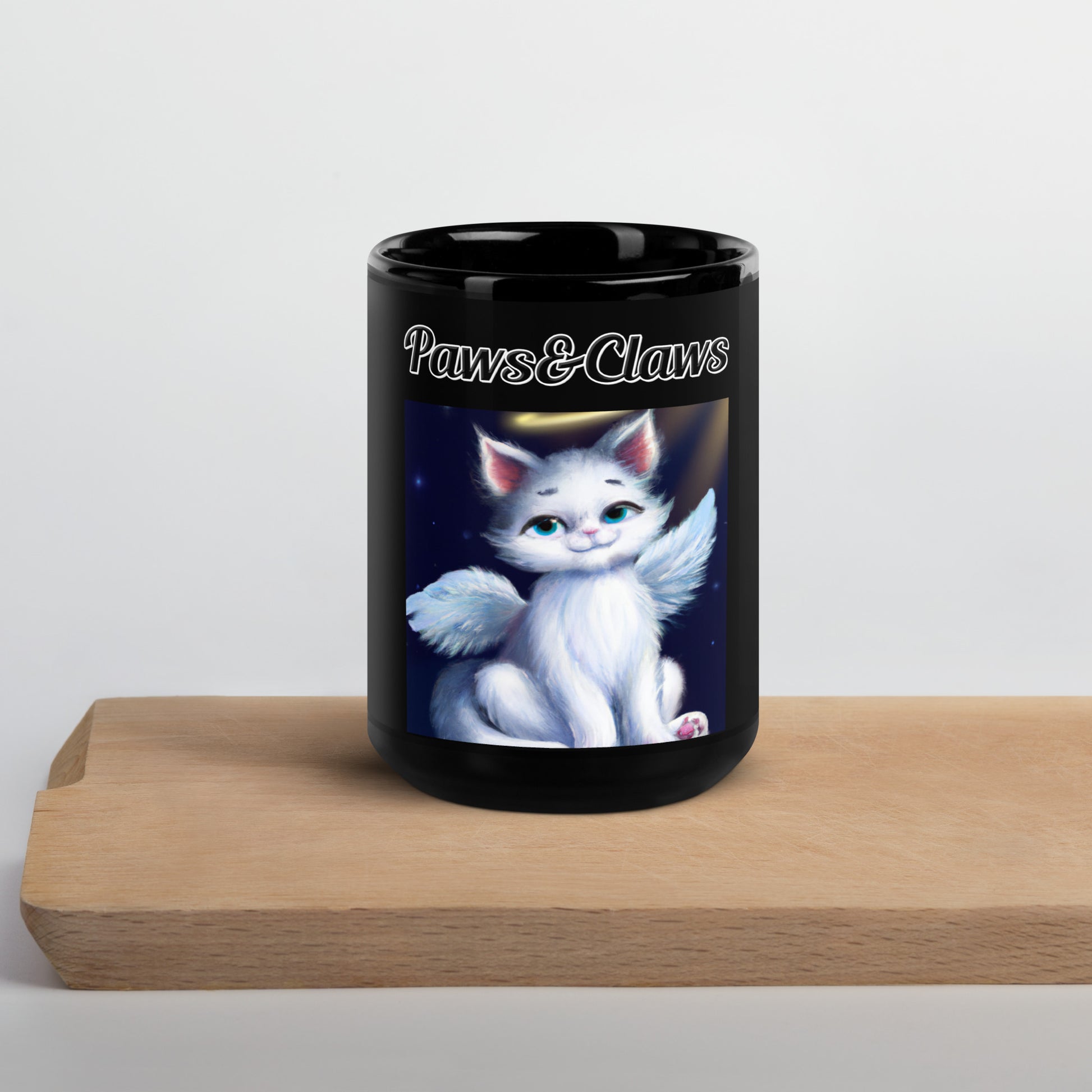 Black Glossy Mug with text White Angel Cat with a text "Paws&Claws" at $17.99 found at Personalizedpetlovergifts