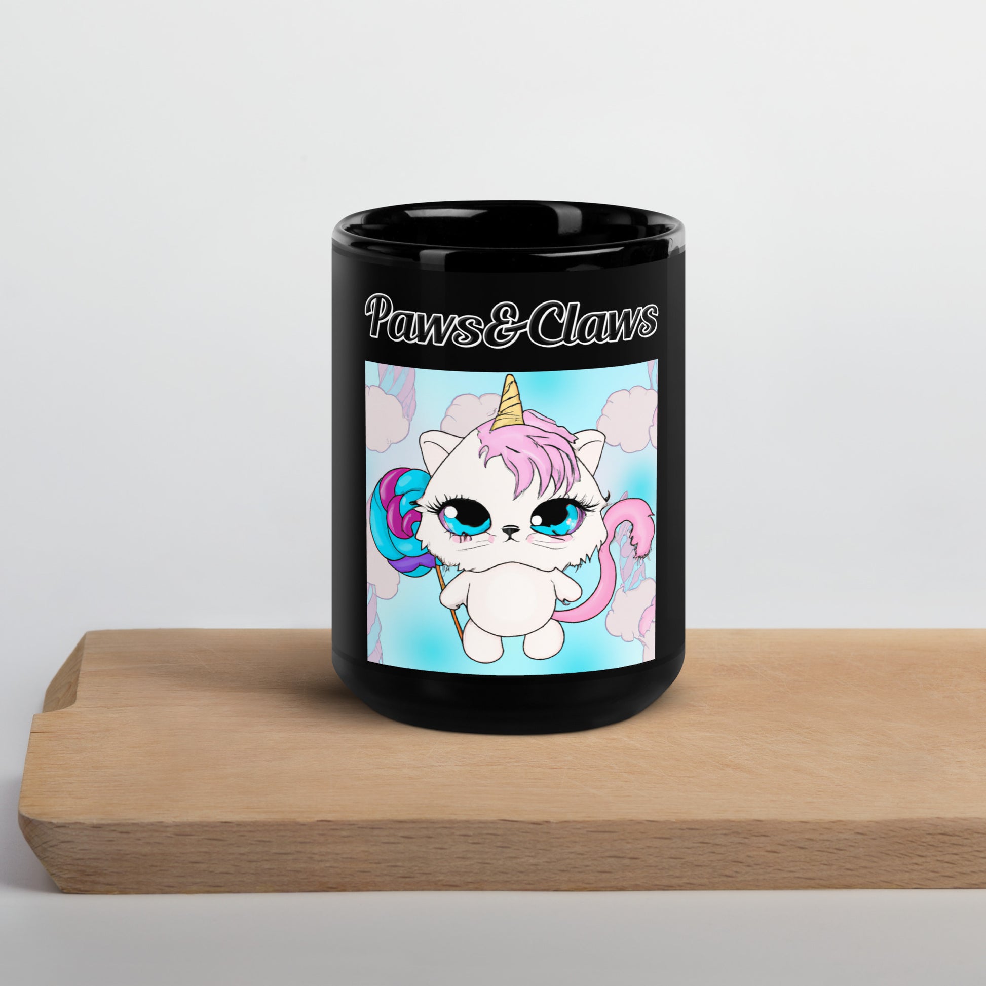 Black Glossy Mug with text Unicorn Kitten With Lollipop with a text "Paws&Claws" at $17.99 found at Personalizedpetlovergifts