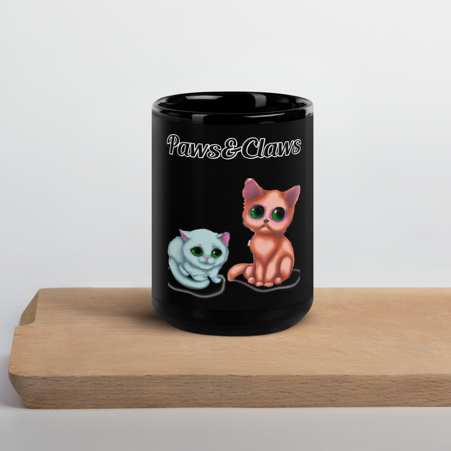 Black Glossy Mug with text Two Kittens Sitting with a text "Paws&Claws" at $17.99 found at Personalizedpetlovergifts