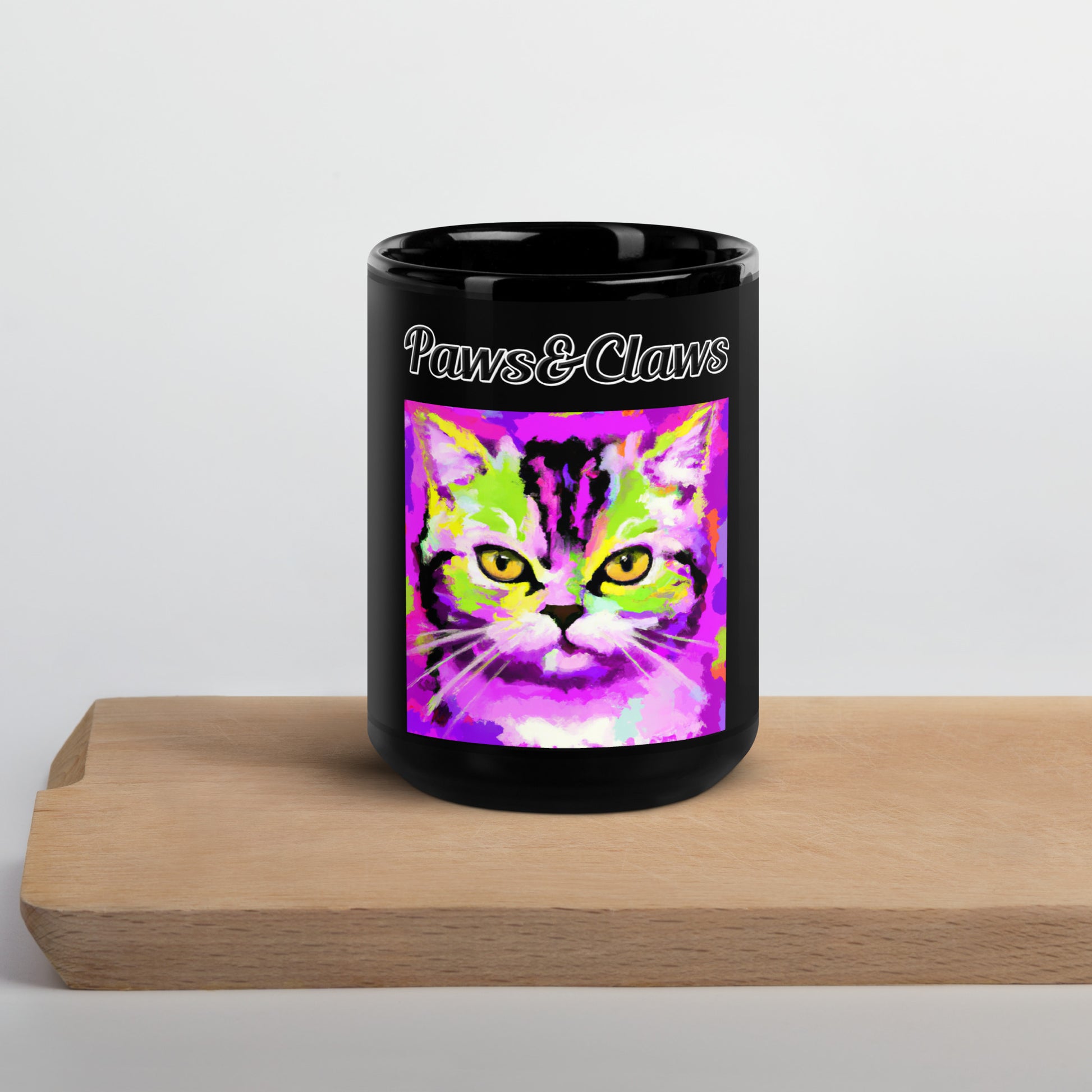 Black Glossy Mug with text Trippy Cat with a text "Paws&Claws" at $17.99 found at Personalizedpetlovergifts