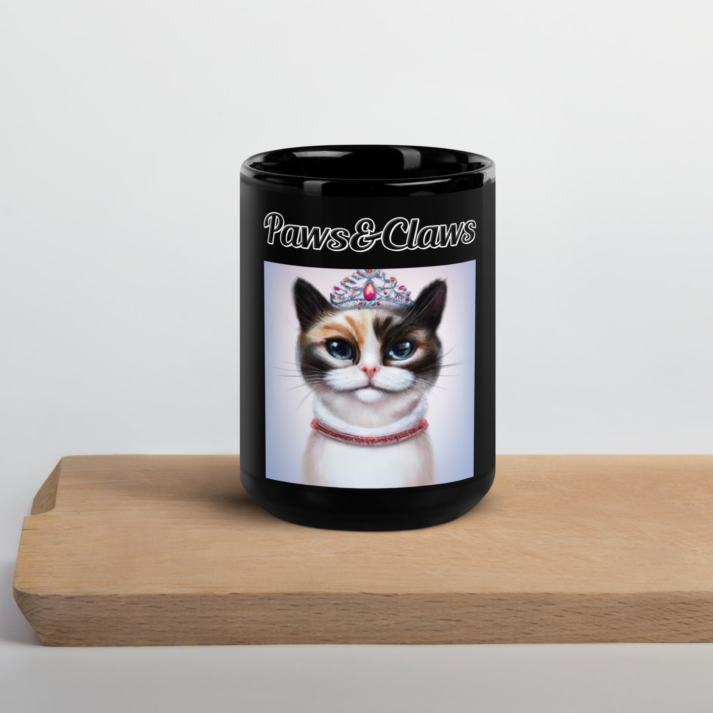 Black Glossy Mug with text Tri-Colored Cat With A Tiara with a text "Paws&Claws" at $17.99 found at Personalizedpetlovergifts