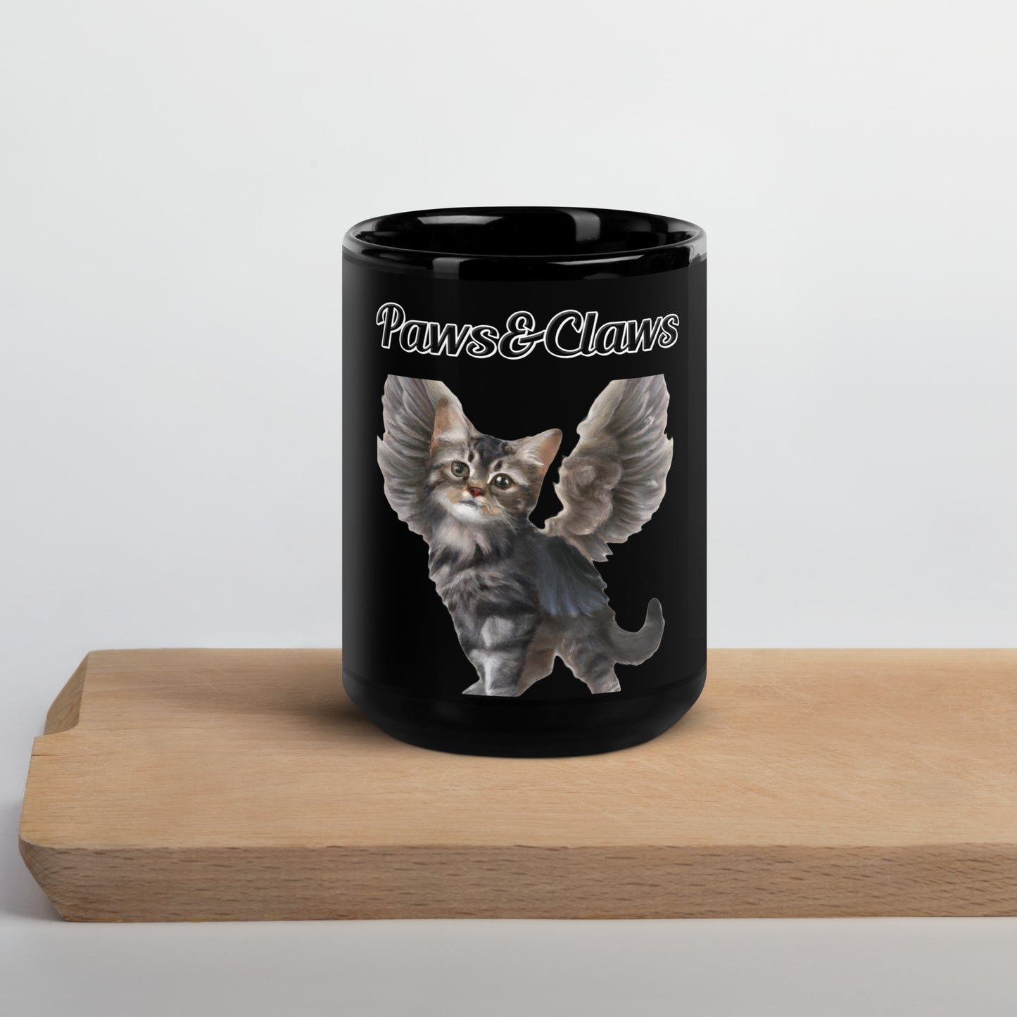 Black Glossy Mug with text Tabby Cat With Angel Wings with a text "Paws&Claws" at $17.99 found at Personalizedpetlovergifts