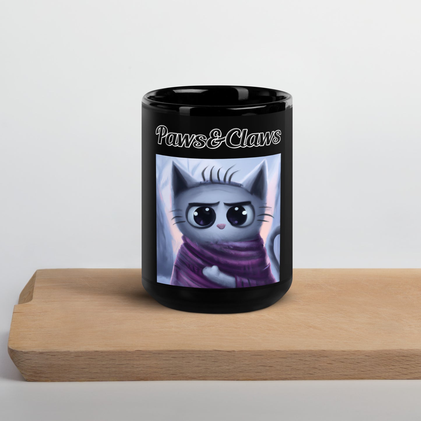 Black Glossy Mug with text Surprised Kitten In A Shawl with a text "Paws&Claws" at $17.99 found at Personalizedpetlovergifts