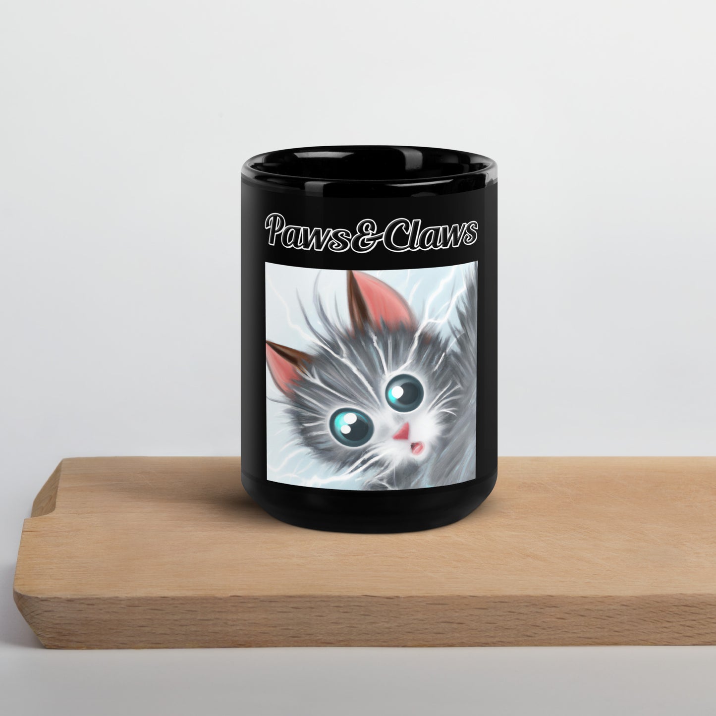 Black Glossy Mug with text Surprised Gray Kitten with a text "Paws&Claws" at $17.99 found at Personalizedpetlovergifts