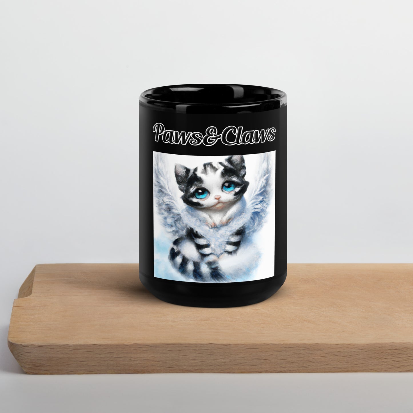 Black Glossy Mug with text Striped Angel Kitten with a text "Paws&Claws" at $17.99 found at Personalizedpetlovergifts