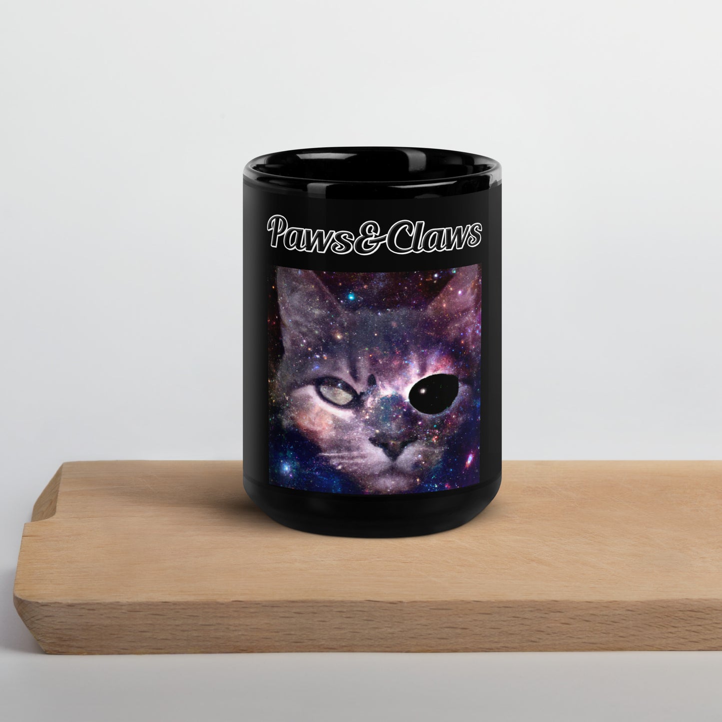 Black Glossy Mug with text Space One Eyed Cat with a text "Paws&Claws" at $17.99 found at Personalizedpetlovergifts