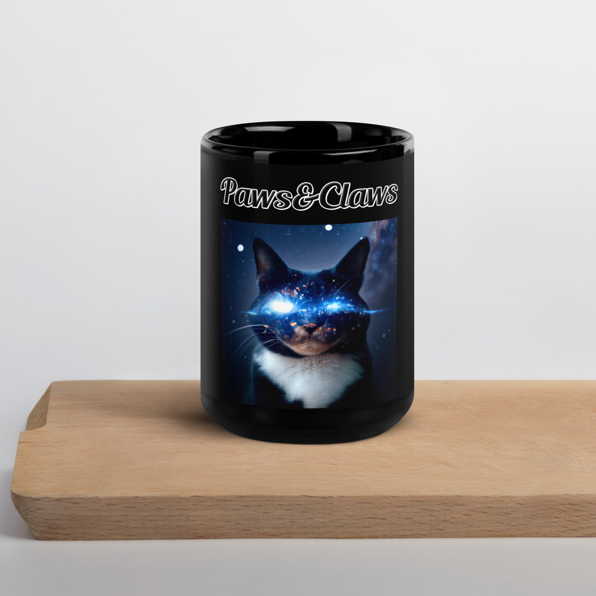 Black Glossy Mug with text Space Eyed Cat with a text "Paws&Claws" at $17.99 found at Personalizedpetlovergifts