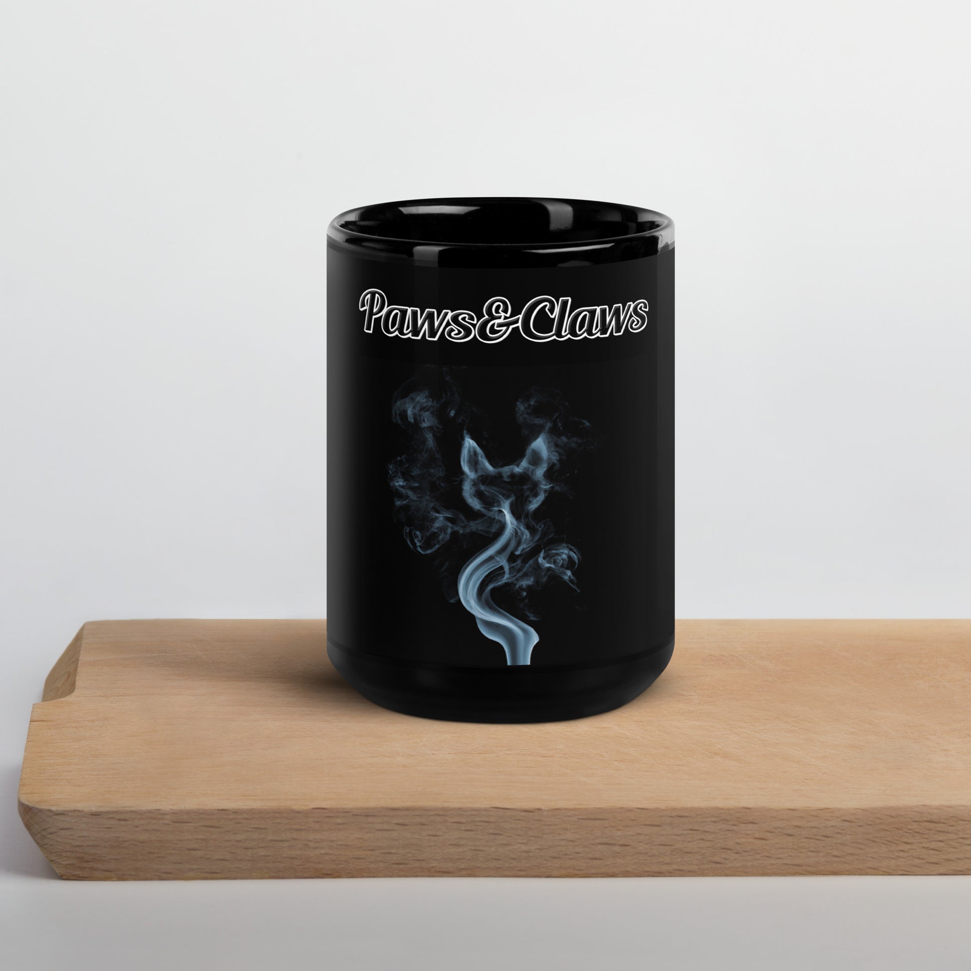 Black Glossy Mug with text Smoke Shaped like A Cat with a text "Paws&Claws" at $17.99 found at Personalizedpetlovergifts