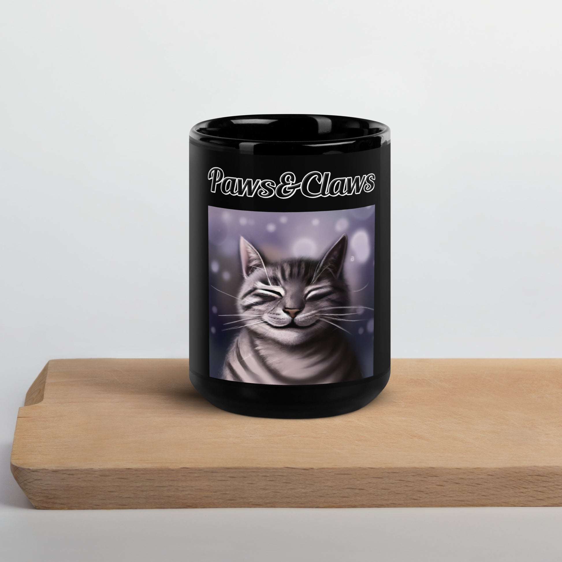 Black Glossy Mug with text Smiling Cat with a text "Paws&Claws" at $17.99 found at Personalizedpetlovergifts