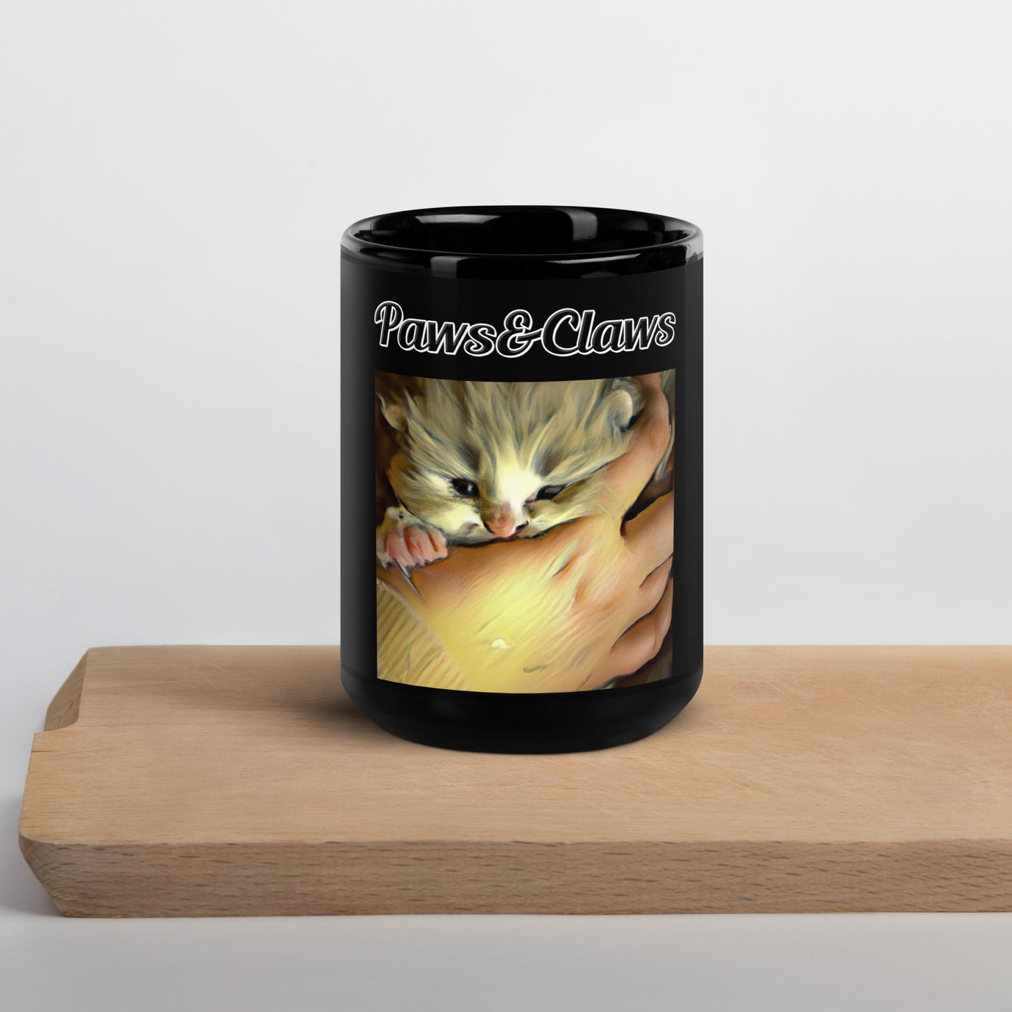 Black Glossy Mug with text Small Kitten In Hand with a text "Paws&Claws" at $17.99 found at Personalizedpetlovergifts