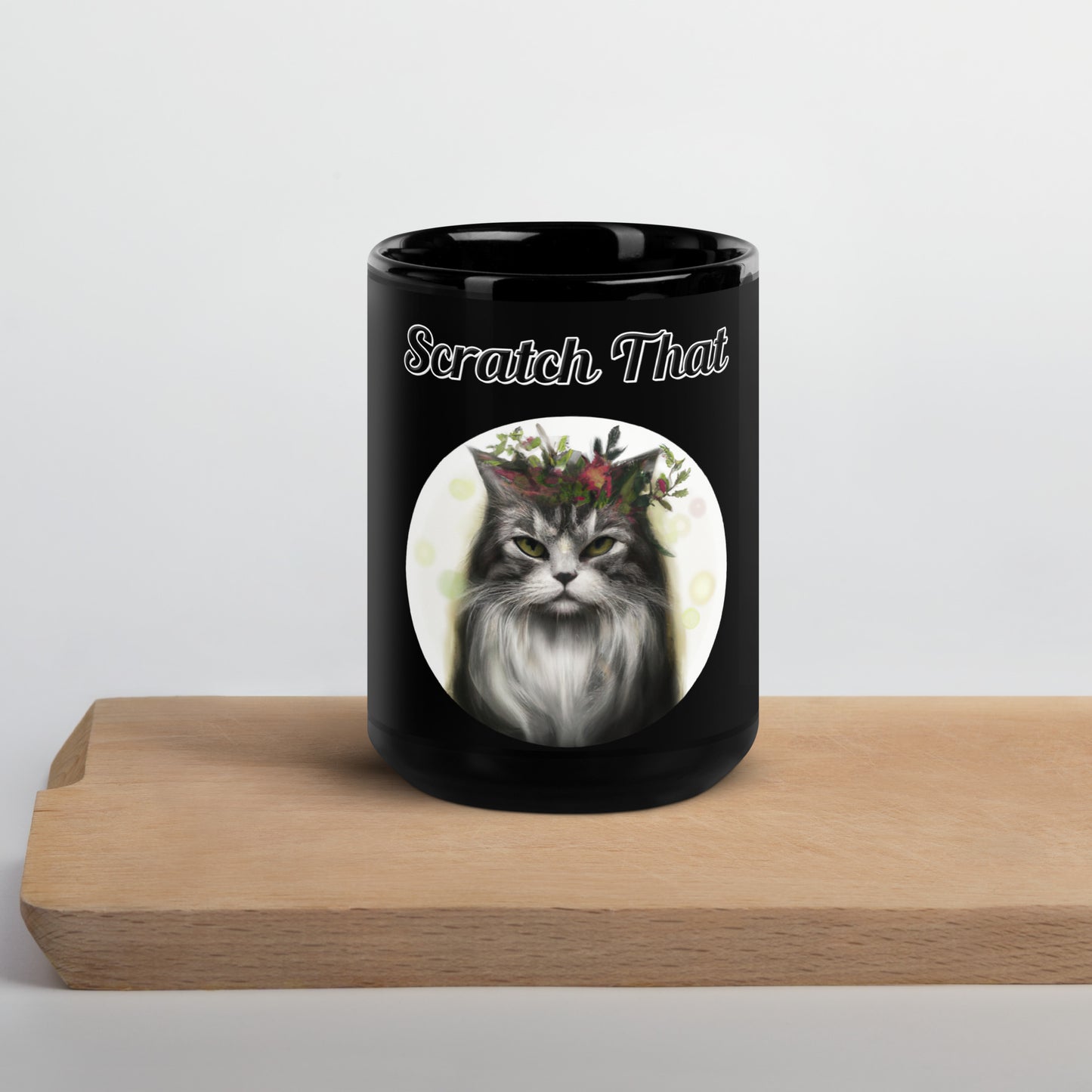 Black Glossy Mug with text Wispy Haired Cat With Flowers with a text "Scratch That" at $17.99 found at Personalizedpetlovergifts