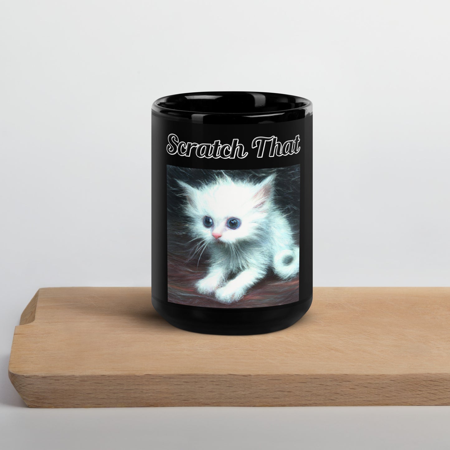 Black Glossy Mug with text Wispy Furred Kitten with a text "Scratch That" at $17.99 found at Personalizedpetlovergifts