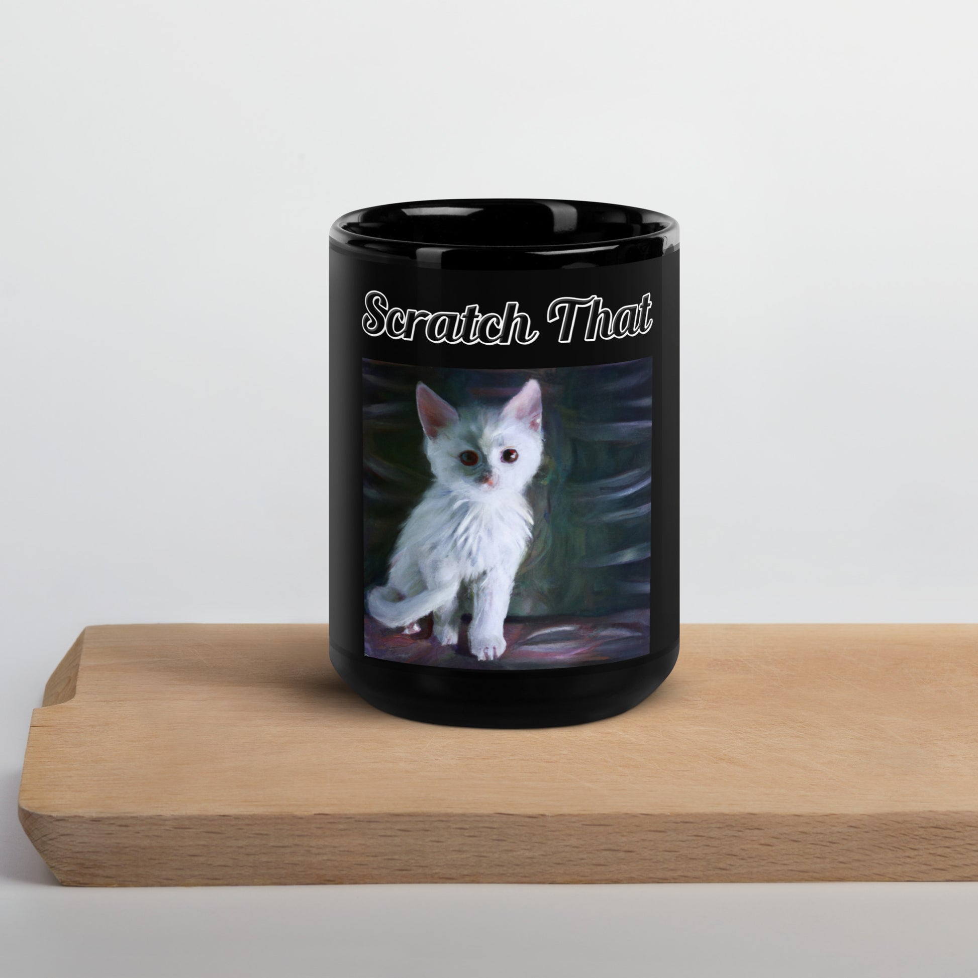 Black Glossy Mug with text White White Cat with a text "Scratch That" at $17.99 found at Personalizedpetlovergifts