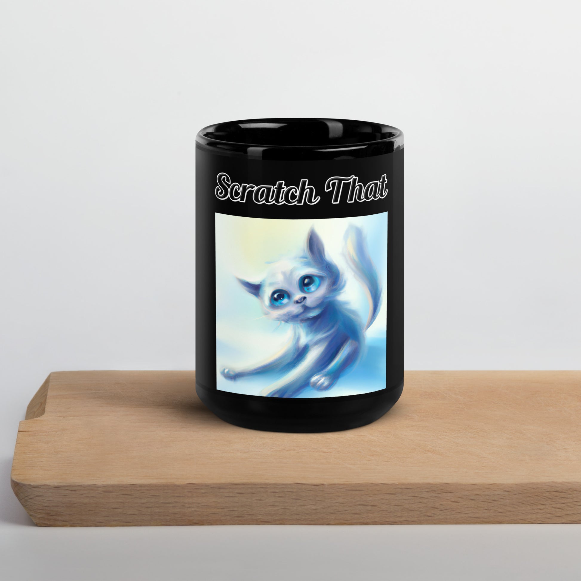 Black Glossy Mug with text White Kitten Stretching with a text "Scratch That" at $17.99 found at Personalizedpetlovergifts