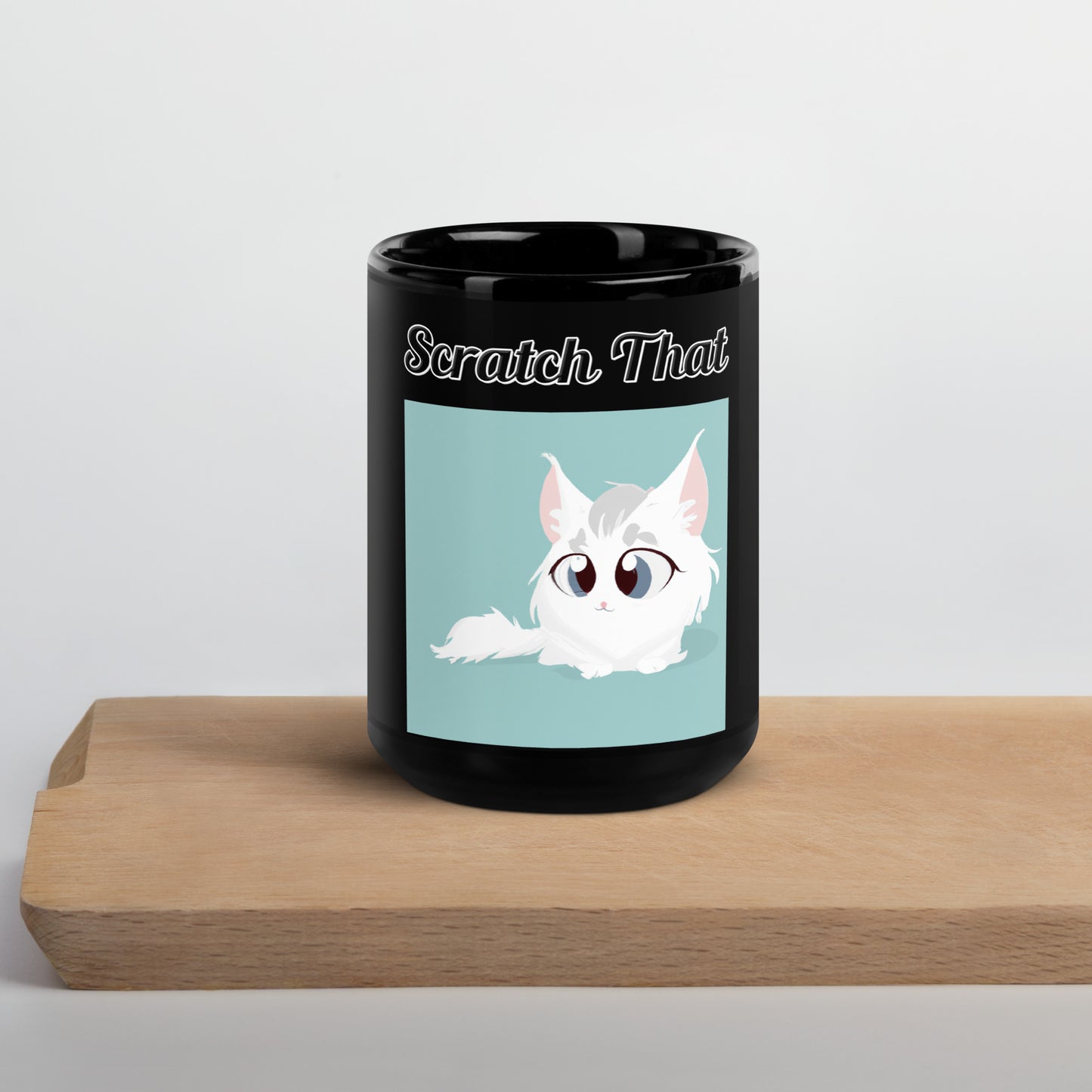 Black Glossy Mug with text White Furball Kitten with a text "Scratch That" at $17.99 found at Personalizedpetlovergifts