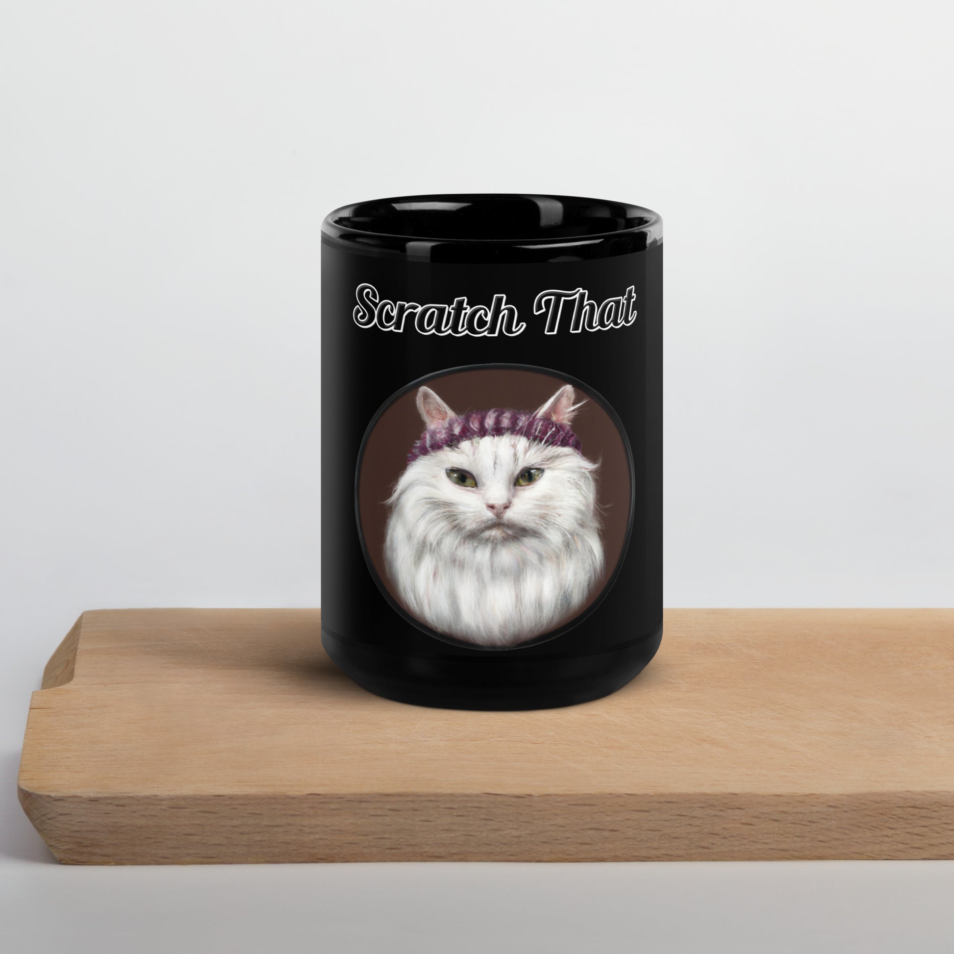 Black Glossy Mug with text White Fluffy Kitten With a Knit Headband with a text "Scratch That" at $17.99 found at Personalizedpetlovergifts