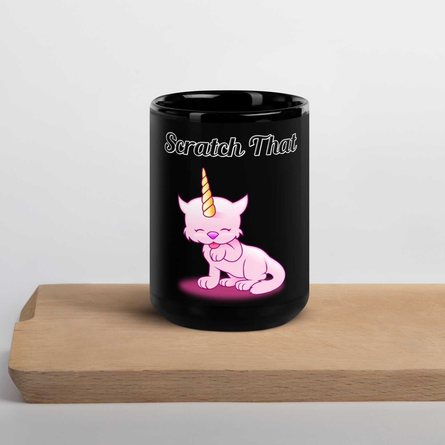 Black Glossy Mug with text Unicorn Cat Licking Its Paw with a text "Scratch That" at $17.99 found at Personalizedpetlovergifts