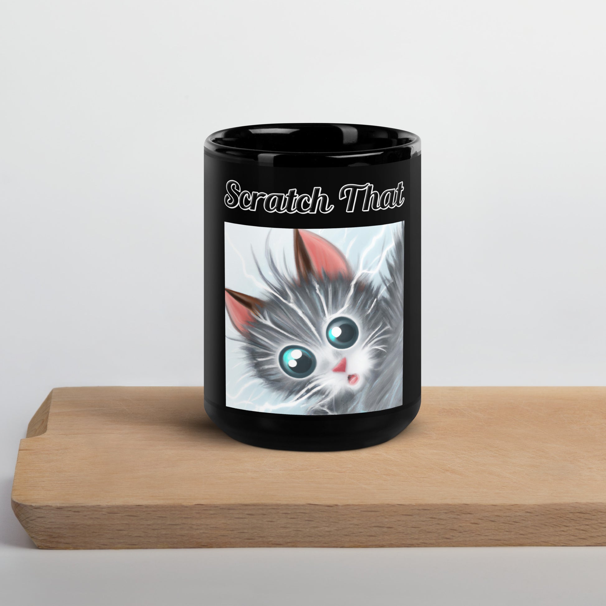 Black Glossy Mug with text Surprised Gray Kitten with a text "Scratch That" at $17.99 found at Personalizedpetlovergifts