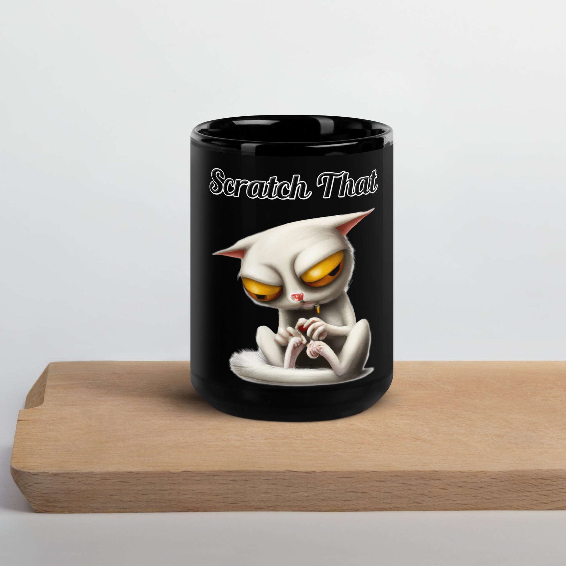 Black Glossy Mug with text Strange Alien Cat with a text "Scratch That" at $17.99 found at Personalizedpetlovergifts