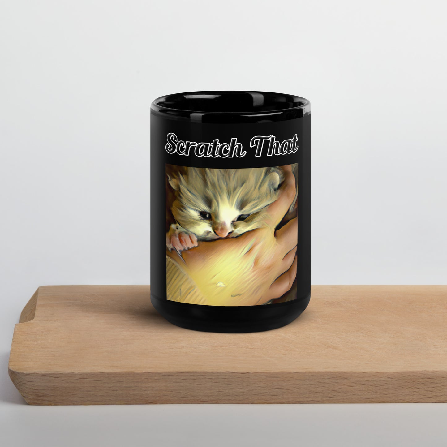 Black Glossy Mug with text Small Kitten In Hand with a text "Scratch That" at $17.99 found at Personalizedpetlovergifts