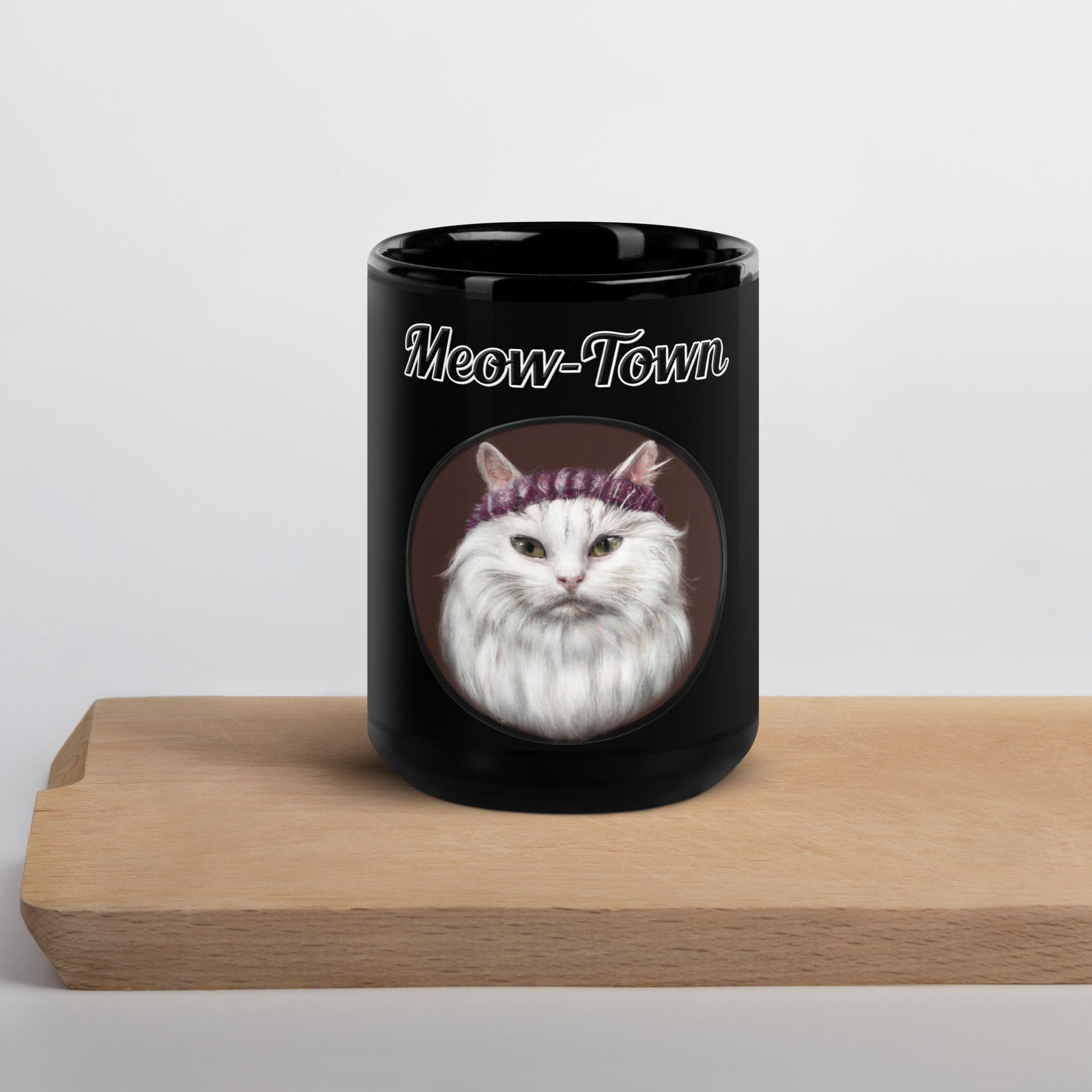 Black Glossy Mug with text White Fluffy Kitten With a Knit Headband with a text "Meow-Town" at $17.99 found at Personalizedpetlovergifts