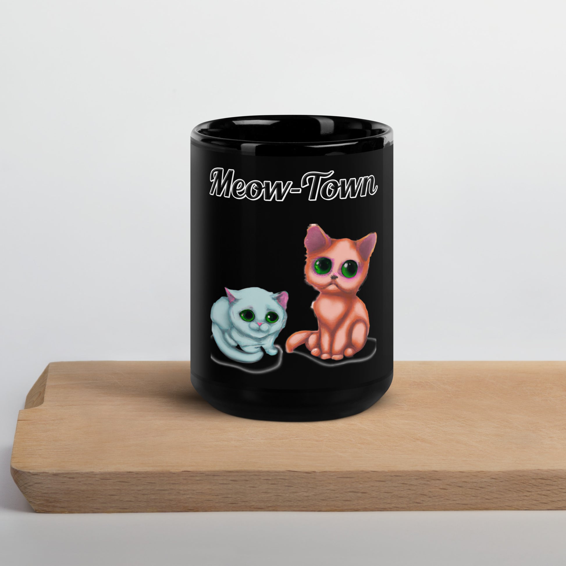 Black Glossy Mug with text Two Kittens Sitting with a text "Meow-Town" at $17.99 found at Personalizedpetlovergifts