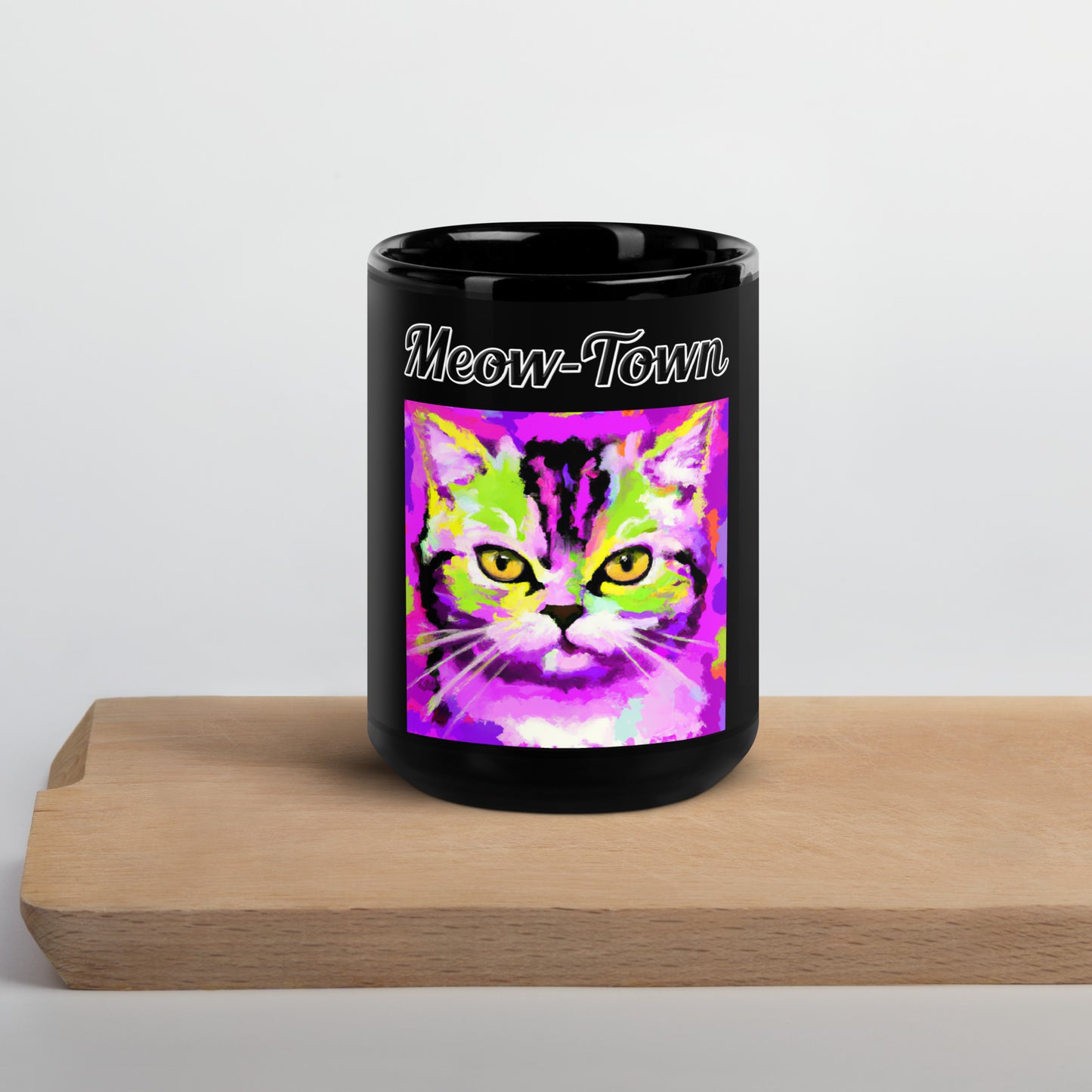 Black Glossy Mug with text Trippy Cat with a text "Meow-Town" at $17.99 found at Personalizedpetlovergifts