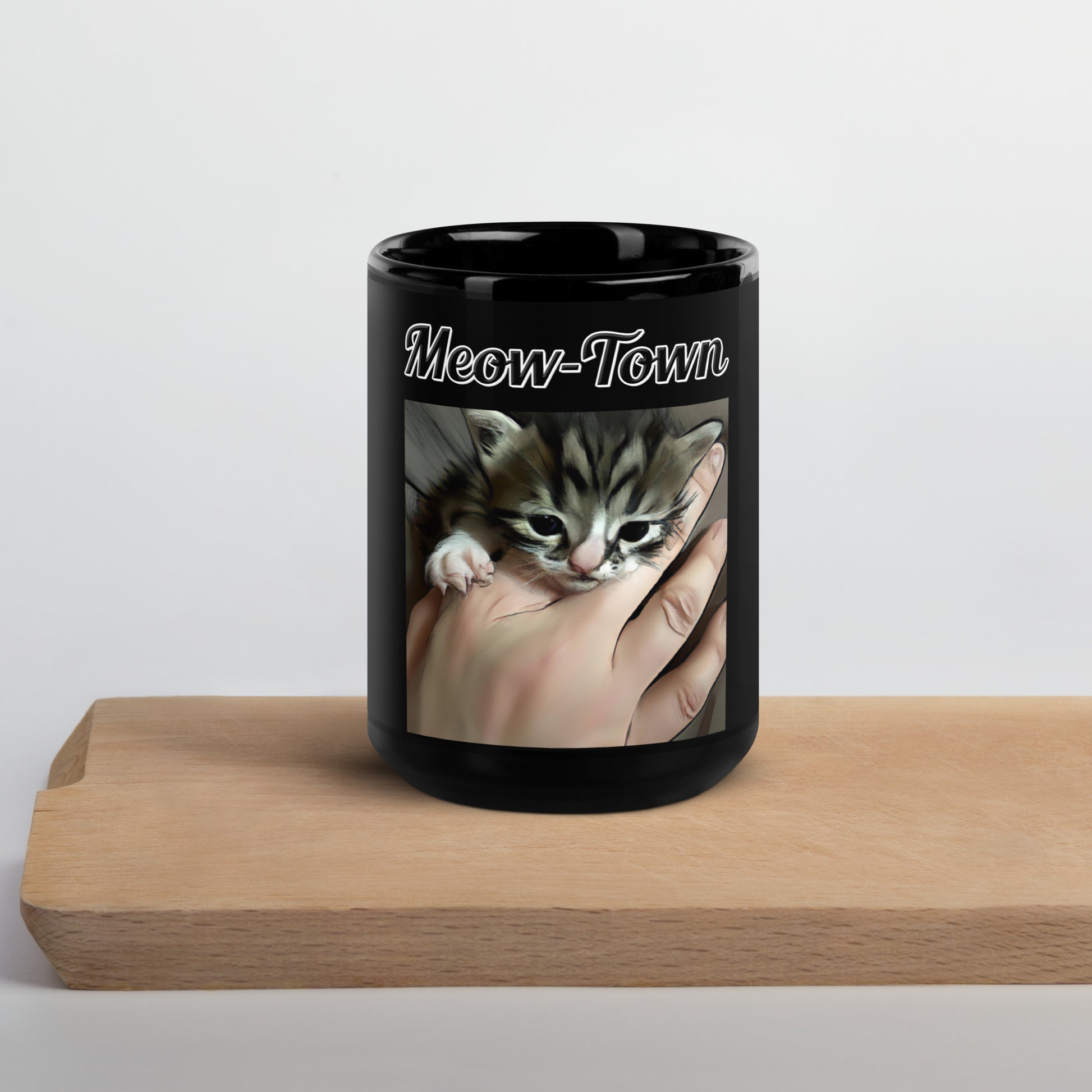 Black Glossy Mug with text Tiny Kitten In Hand with a text "Meow-Town" at $17.99 found at Personalizedpetlovergifts