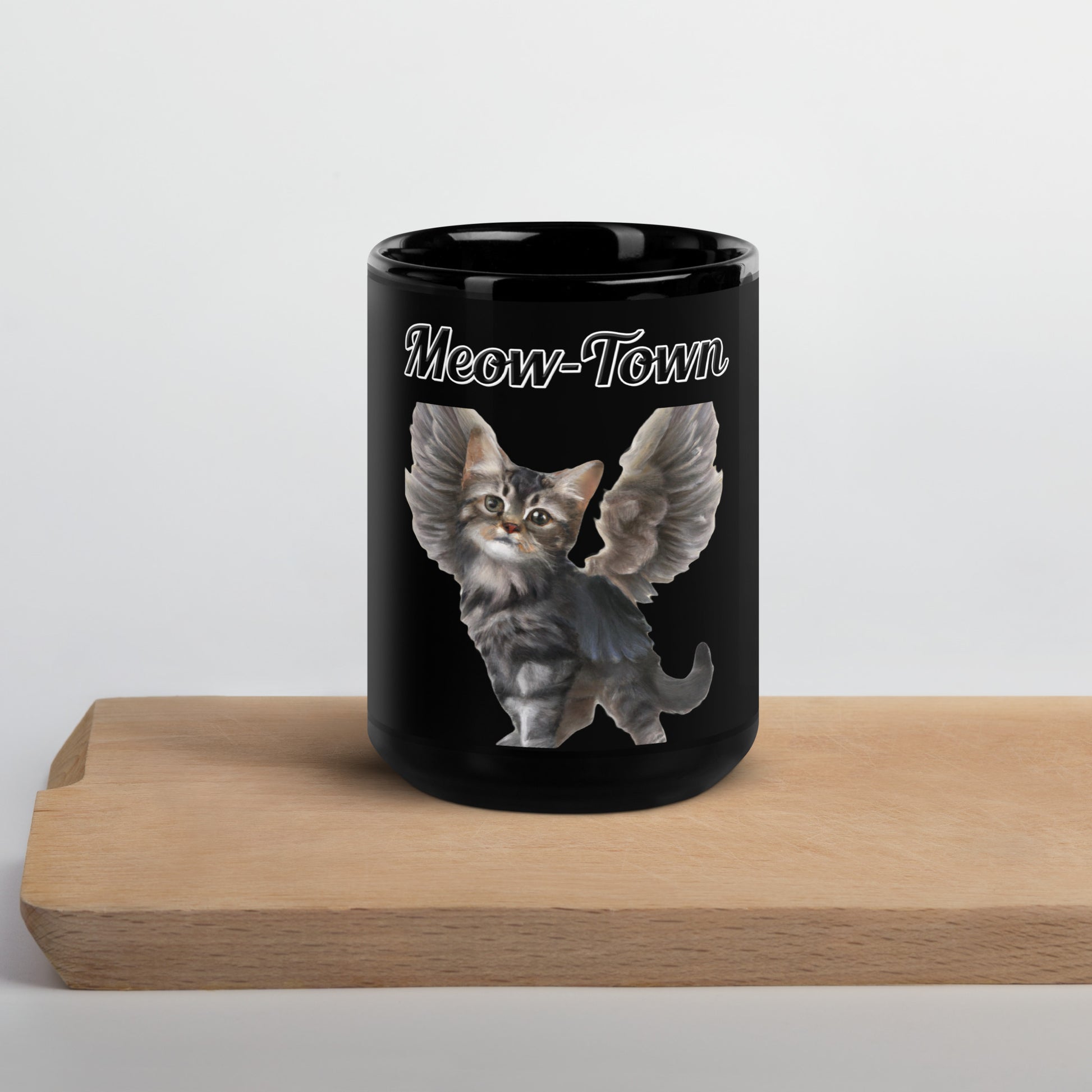 Black Glossy Mug with text Tabby Cat With Angel Wings with a text "Meow-Town" at $17.99 found at Personalizedpetlovergifts