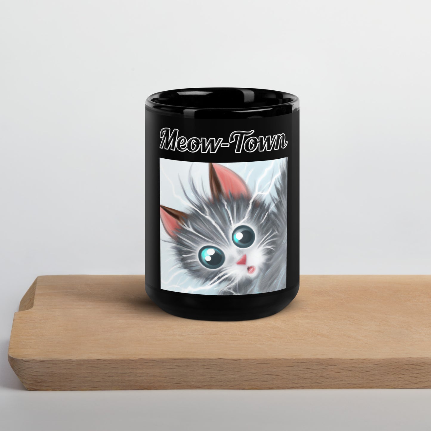 Black Glossy Mug with text Surprised Gray Kitten with a text "Meow-Town" at $17.99 found at Personalizedpetlovergifts