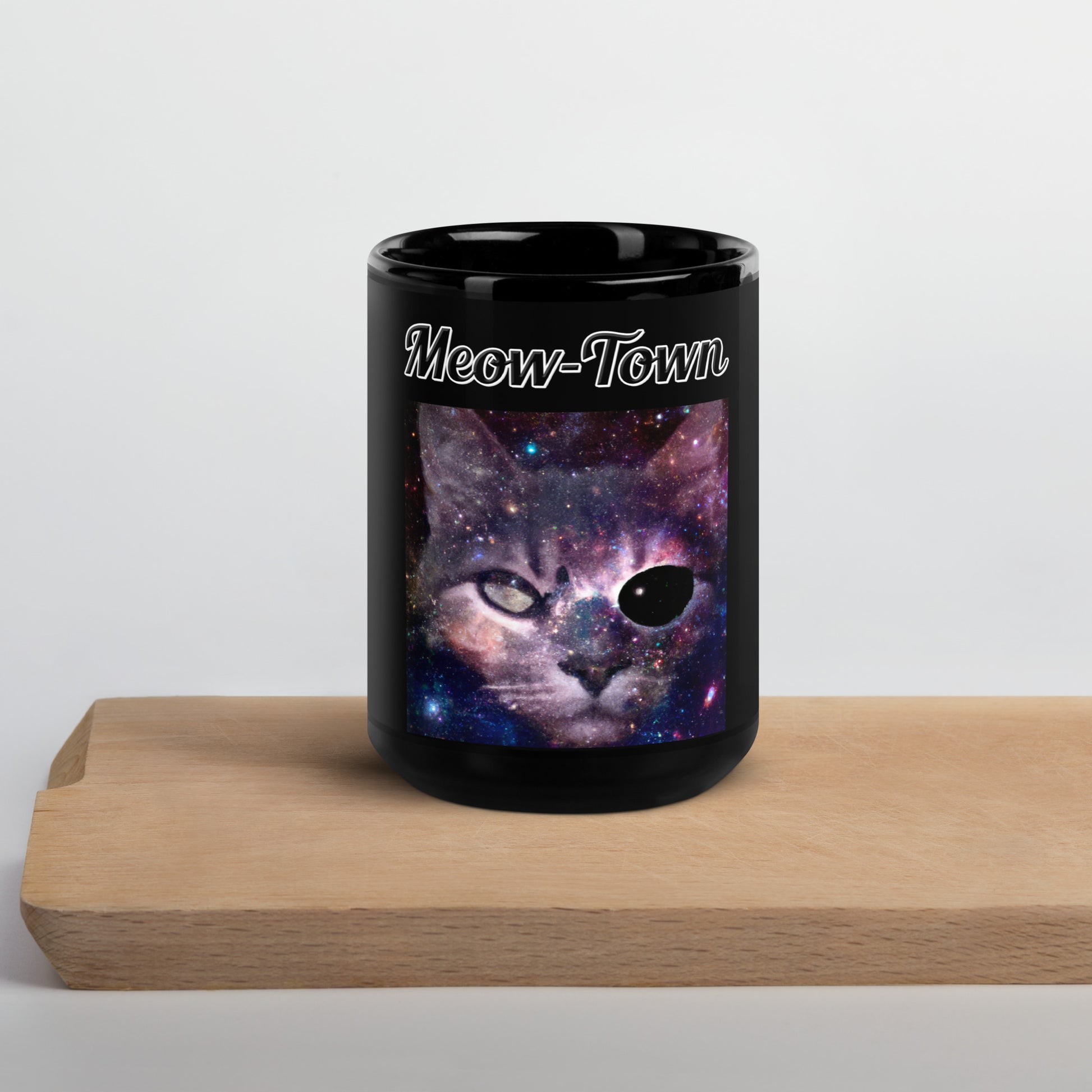 Black Glossy Mug with text Space One Eyed Cat with a text "Meow-Town" at $17.99 found at Personalizedpetlovergifts