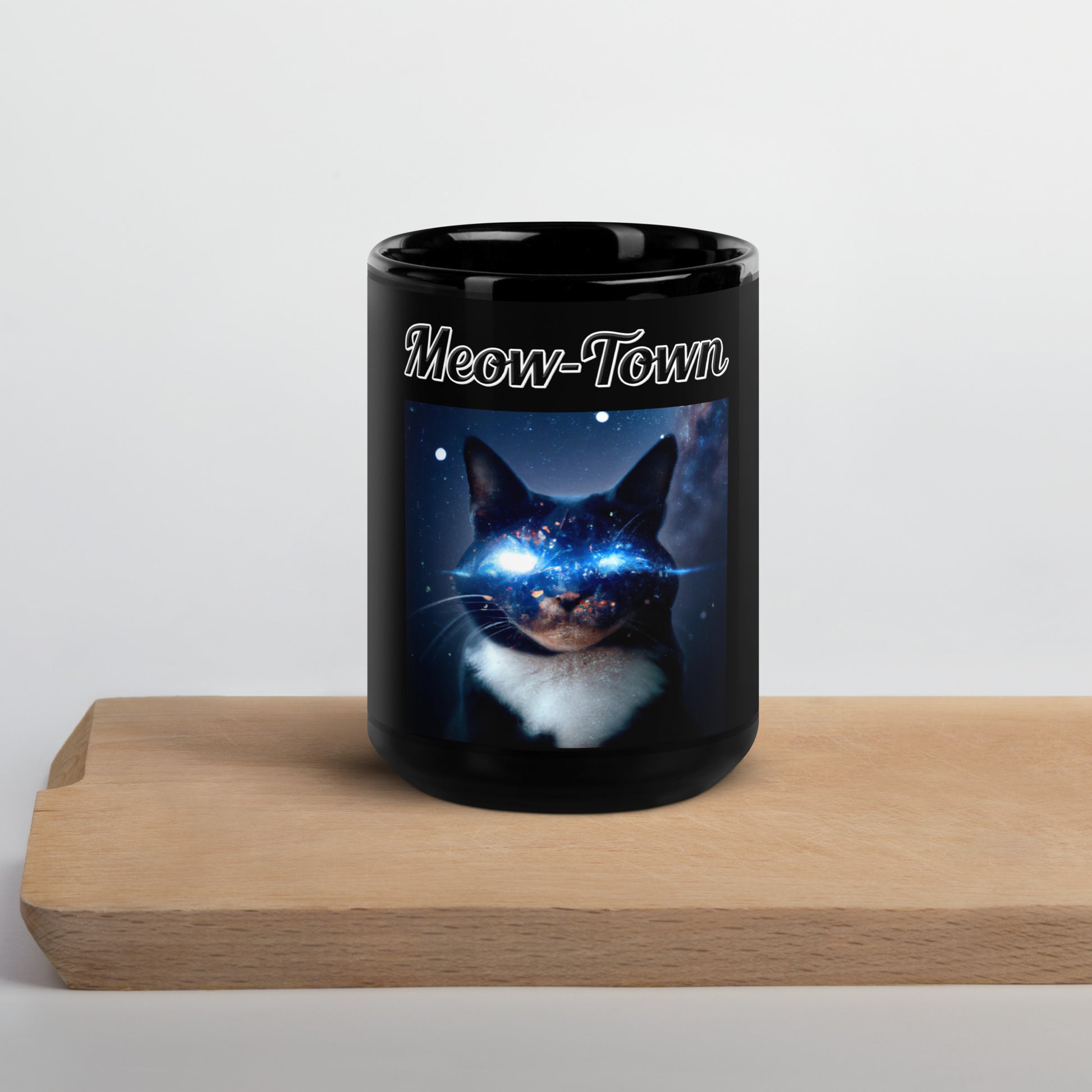 Black Glossy Mug with text Space Eyed Cat with a text "Meow-Town" at $17.99 found at Personalizedpetlovergifts