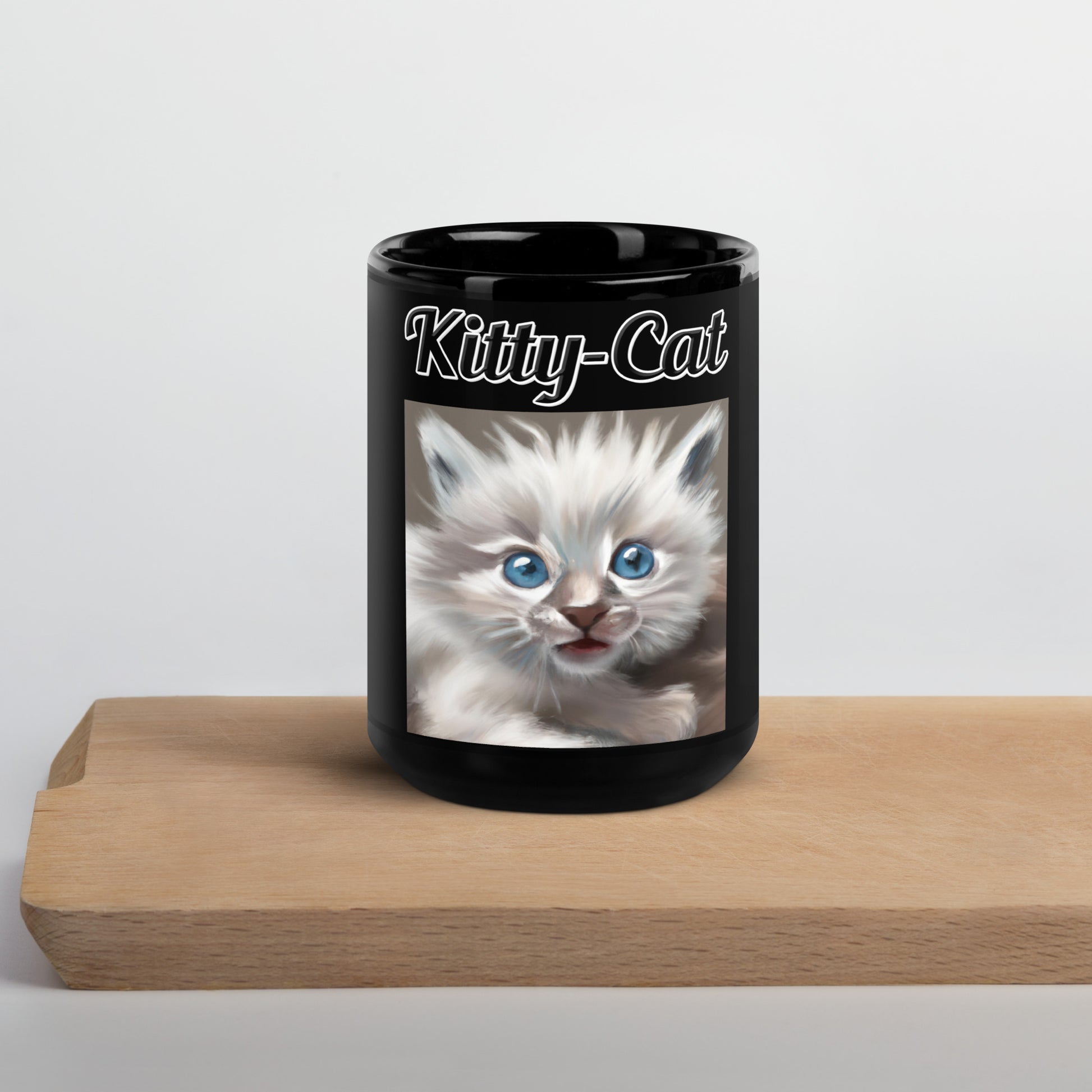 Black Glossy Mug with text Wispy Kitten Painting with a text "Kitty-Cat" at $17.99 found at Personalizedpetlovergifts